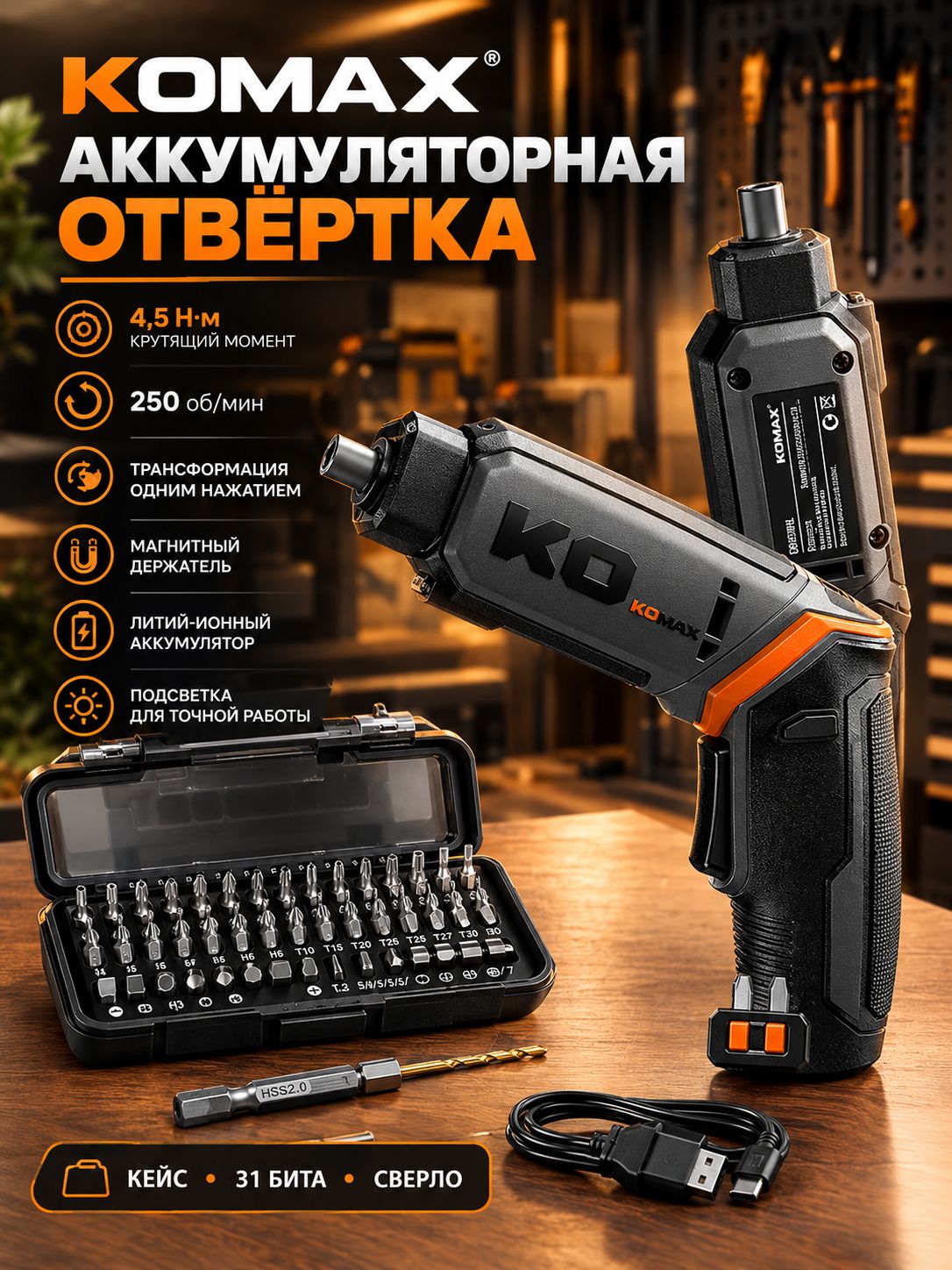 Аккумуляторная отвертка KOMAX, электроотвертка, отвертка-трансформер, складная, 2 в 1, беспроводная, для точных работ, для дома