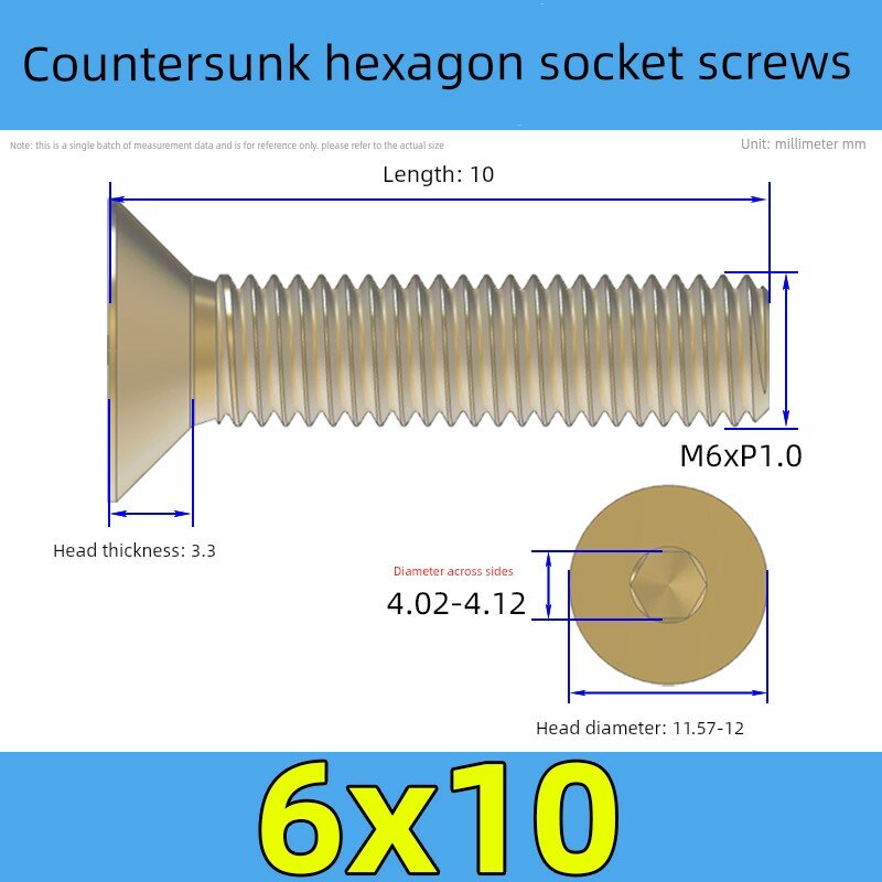 Медный конусный плоский шестигранный внутренний болт М6 x 10 мм, 5 шт