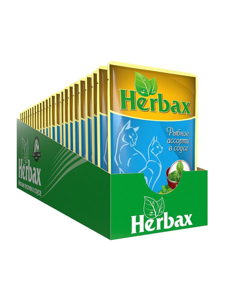 Herbax консервы 100г для кошек Рыбное ассорти с мятой (дой-пак) 24 штуки