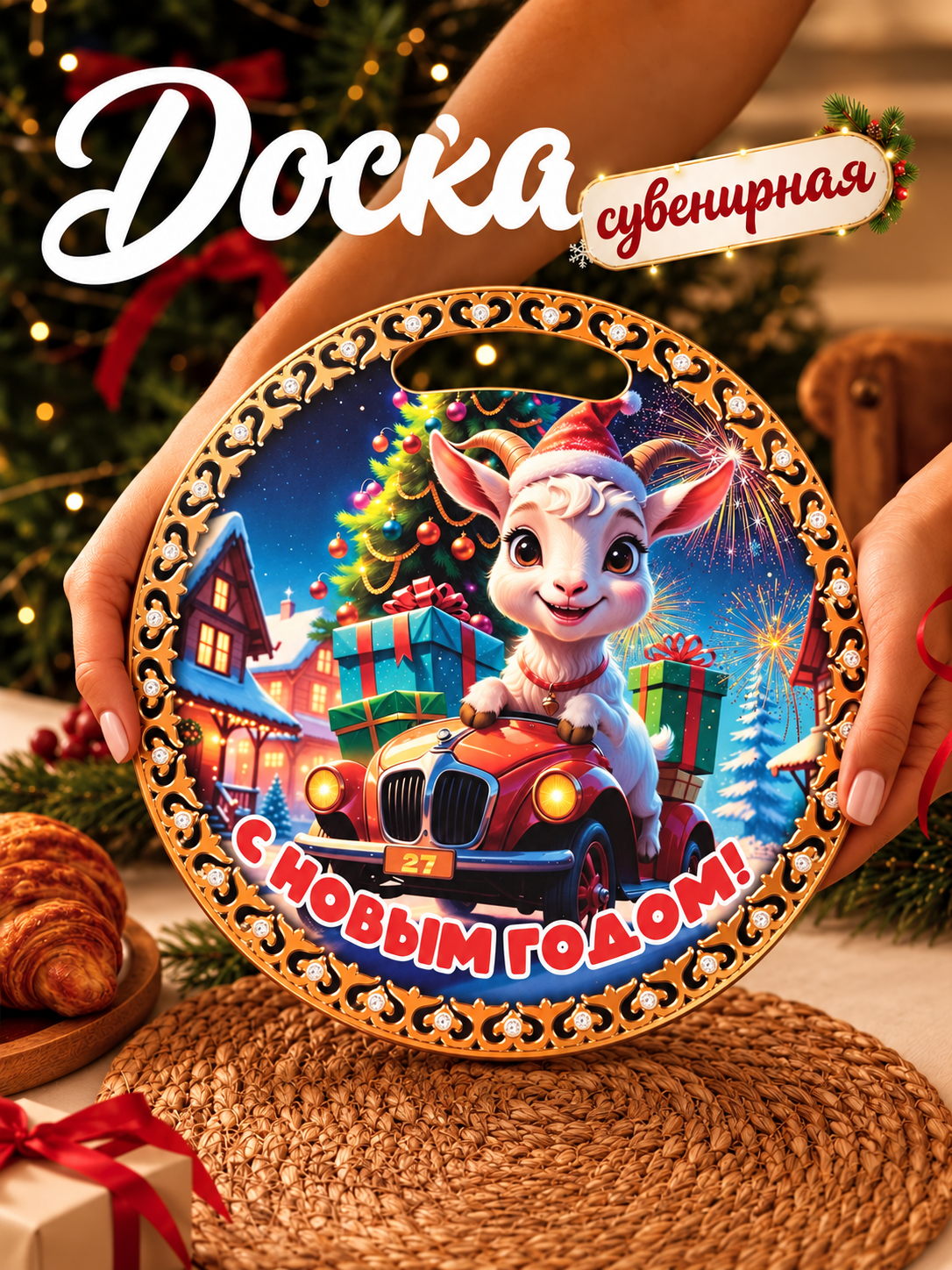 Доска разделочная сувенирная «Символ года. С Новым Годом!», d=25.5 см, дерево, разноцветная