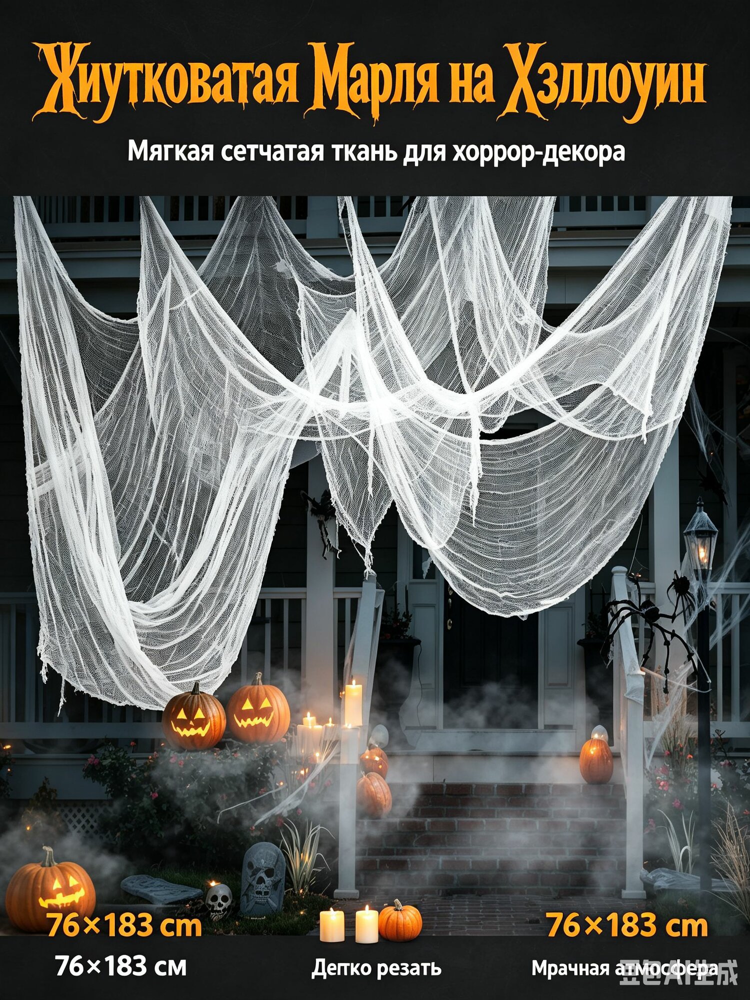 Белая жутковатая марля на Хэллоуин из мягкого хлопка, легко рвётся и режется, универсальная драпировка для заброшенного дома, потолков, окон и фотозон