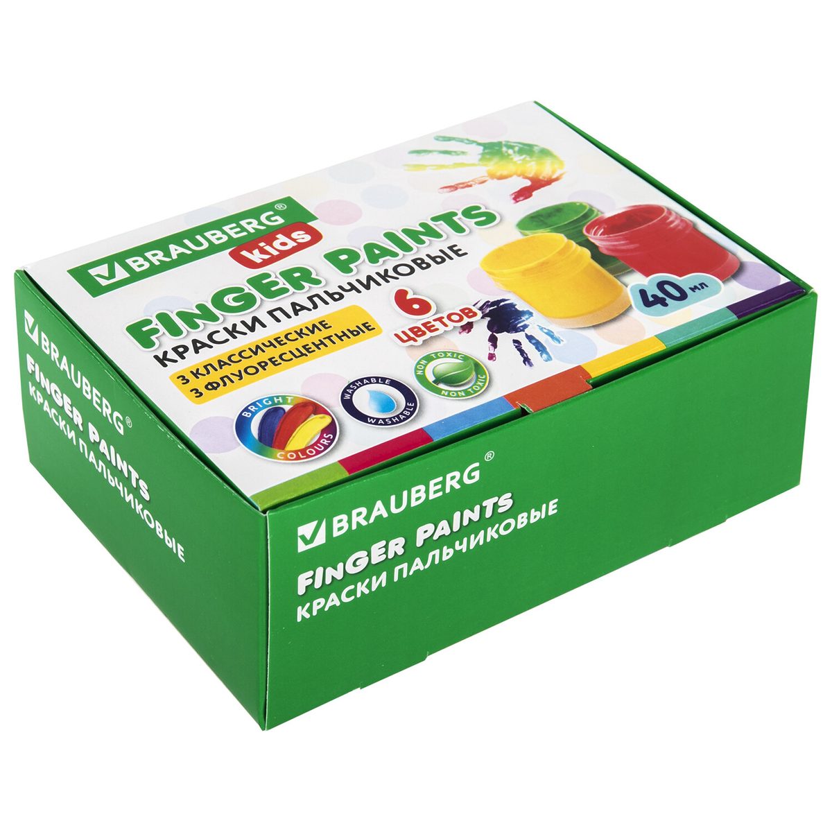 Краски пальчиковые 6 цветов Brauberg Kids, 3 классических + 3 флуоресцентных цвета, по 40мл (192279), 20 уп.