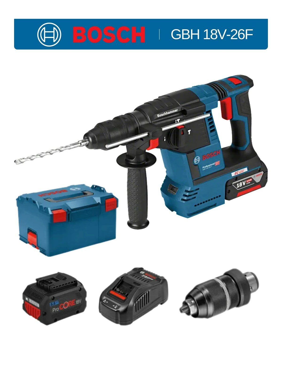 Перфоратор Bosch GBH 18V-26F Professional, 2,6 Дж, 0-4350 уд/мин, сменный патрон, SDS Plus, арт. 061191000G