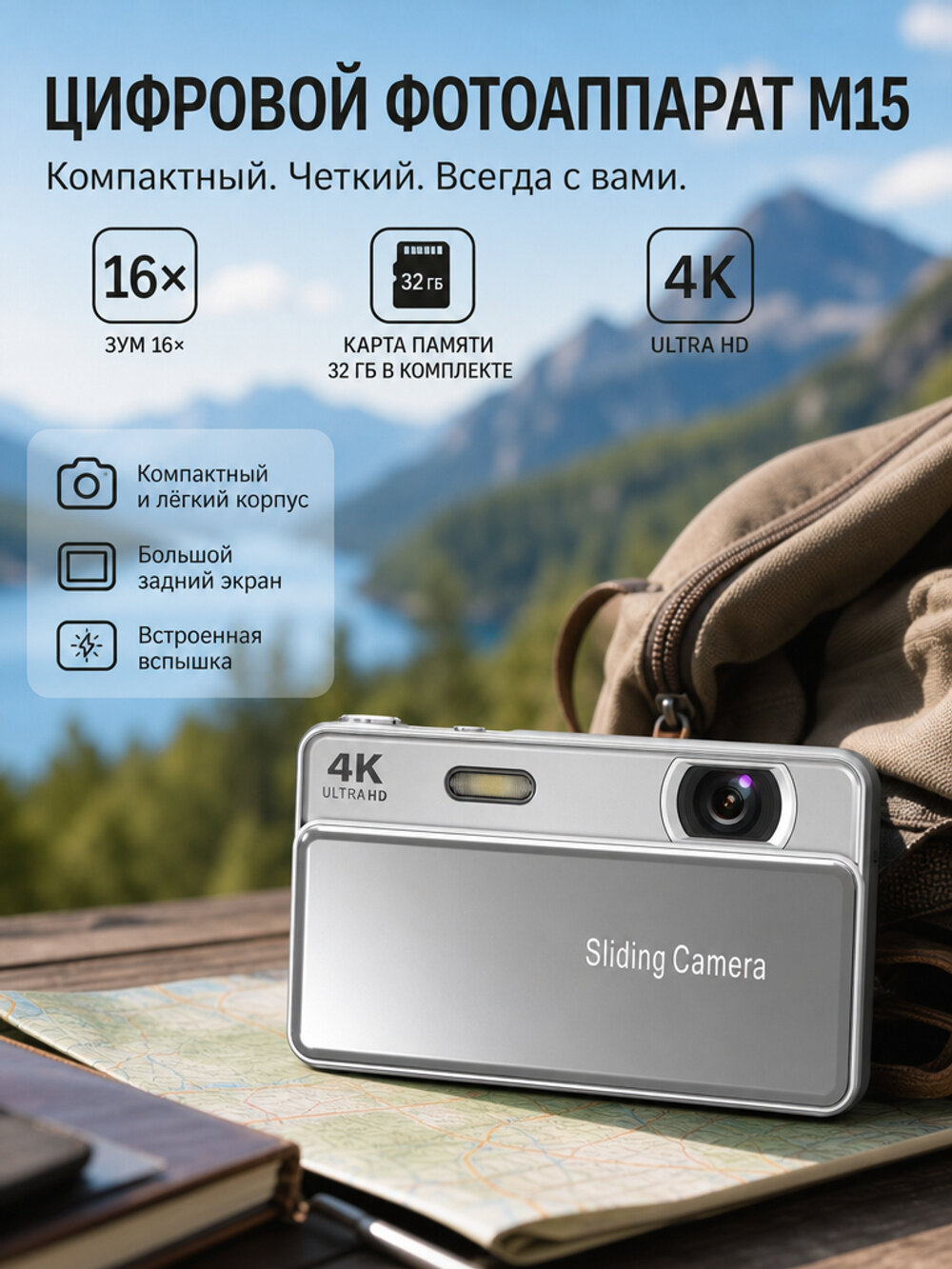 Цифровой фотоаппарат M15 серебристый компактный, зум 16×, экран и карта памяти 32 ГБ