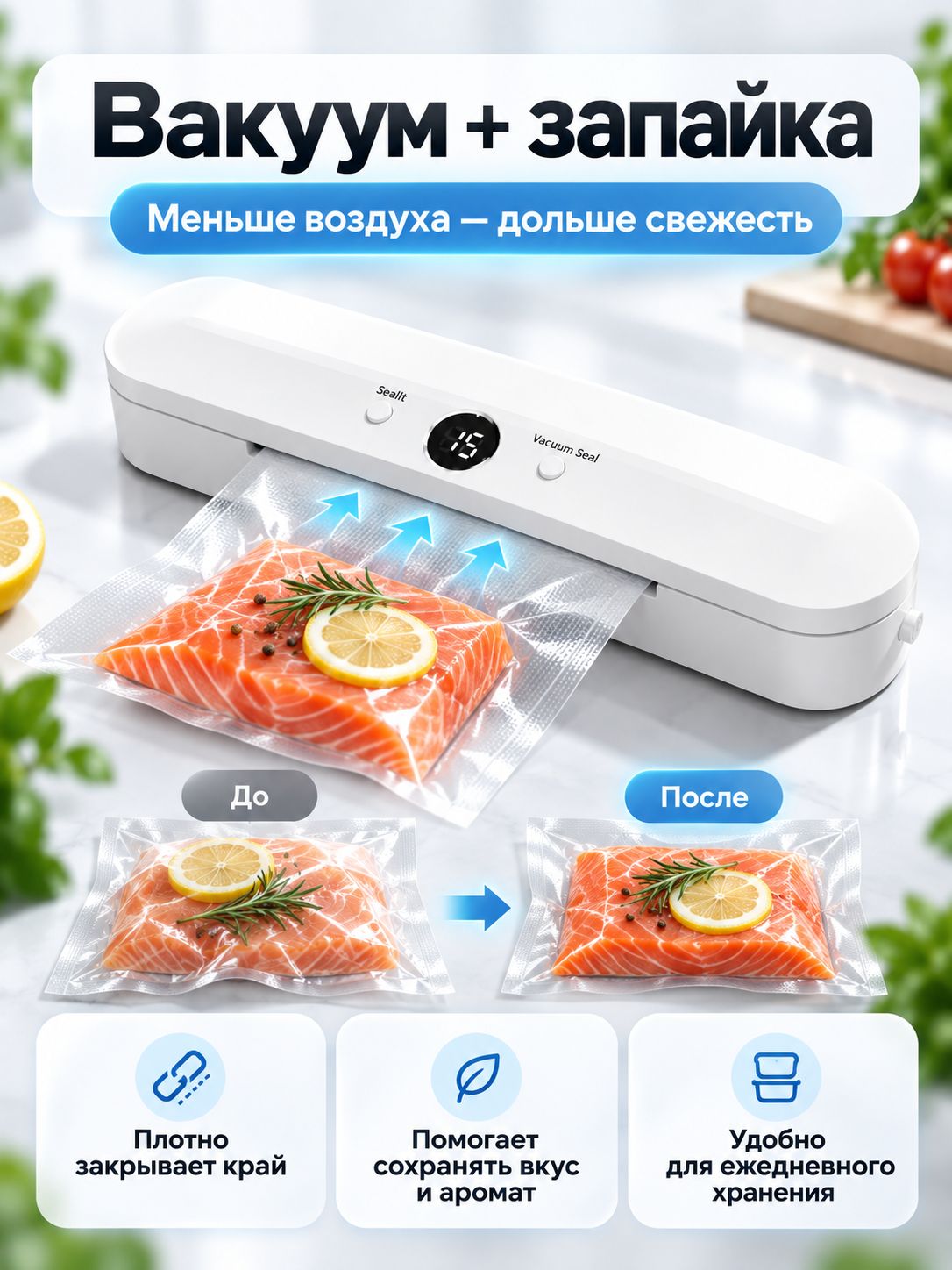 Вакууматор для продуктов с запайкой, 120 Вт, до -60 кПа, 350 72 60 мм, черный, Белый