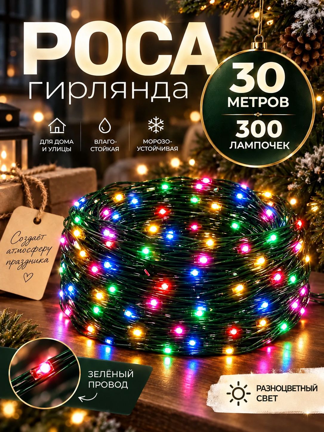 Гирляндыч Электрогирлянда интерьерная Роса светодиодная 300 ламп, 30 м, питание от сети 220в, 1 шт