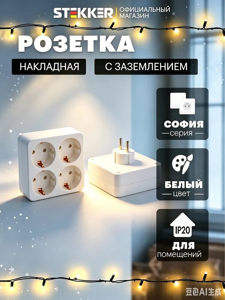 Новый продукт 2025 годаРозетка накладная четырехместная открытой установки электрическая с заземлением, белый, София Stekker MST16-14S-01 49310
