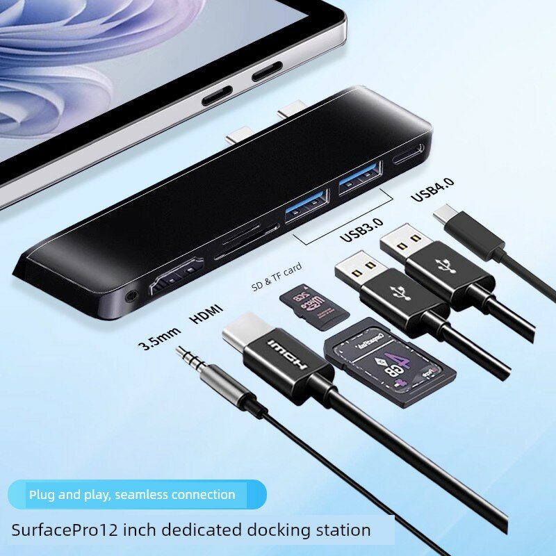 Док-станция для Surface Pro 12-дюймовый с HDMI, 2 USB, портом C, слотом для SD/TF, 3.5mm аудиоразъемом - матовый черный