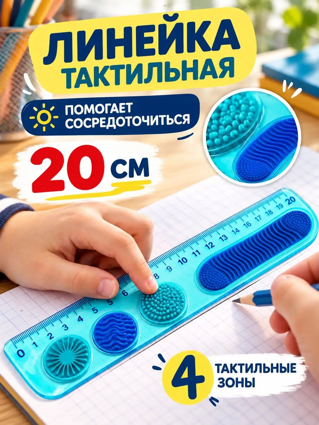 Линейка ,20 см, c тактильными зонами