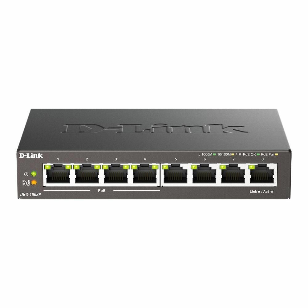 Коммутатор D-Link Неуправляемый PoE-коммутатор, 8x1000Base-T (4x1000Base-T PoE), PoE-бюджет 80 Вт, корпус металл