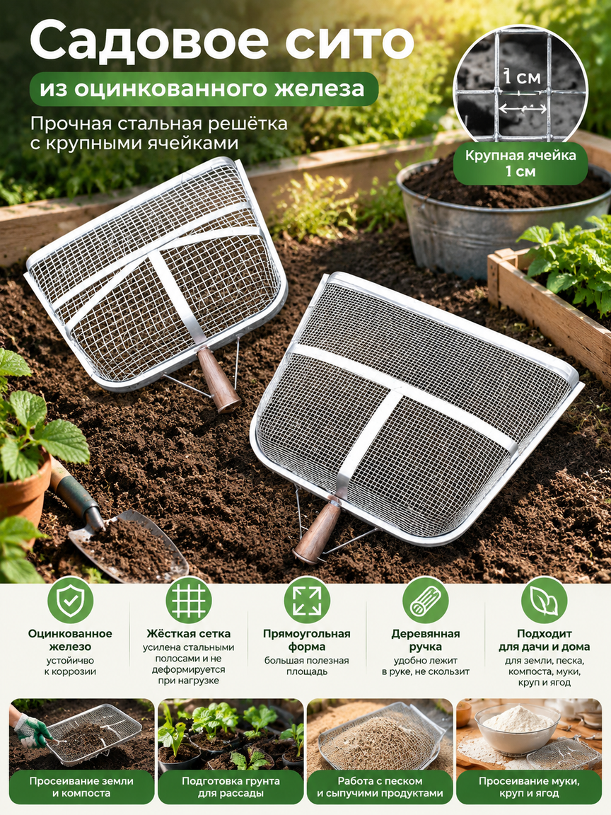 Садовое сито 1 см из оцинкованного железа, прочная стальная решётка, ручка из дерева
