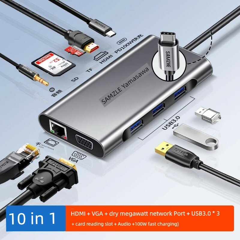 10 в 1 USB-C хаб с HDMI, VGA, гигабитным сетевым портом, USB 3.0 x3, слотами для карт SD/TF, аудиоразъемом и быстрой
