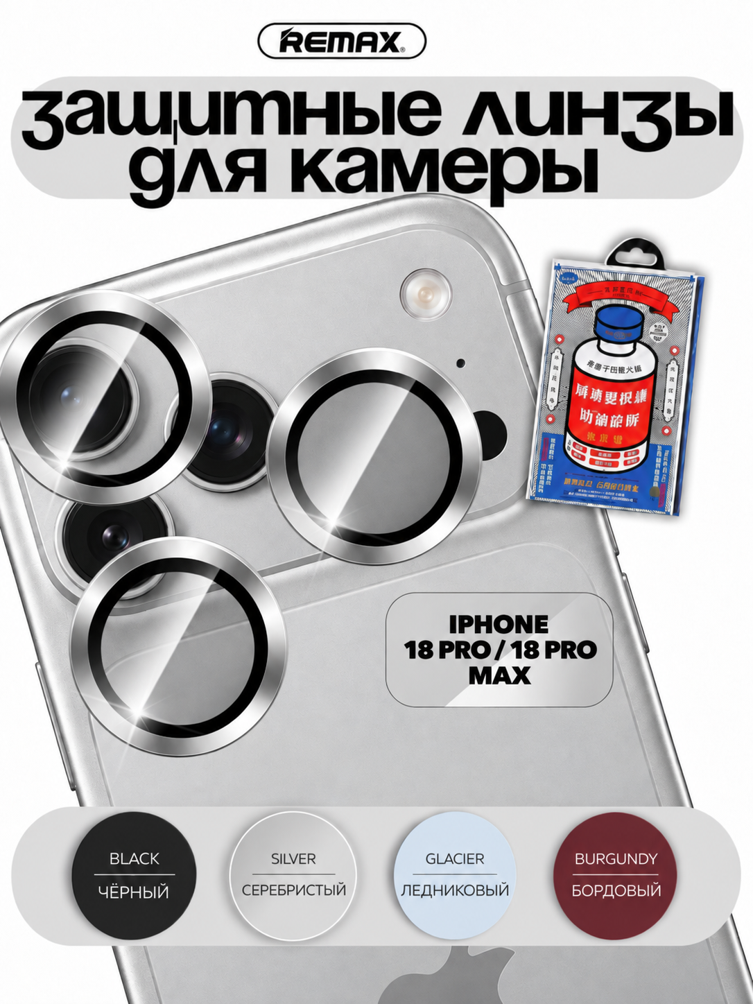 Линзы для камеры iPhone 18 Pro / 18 Pro Max (для цвета Серебристый/Glacier), REMAX GL-27, серебристые линзы