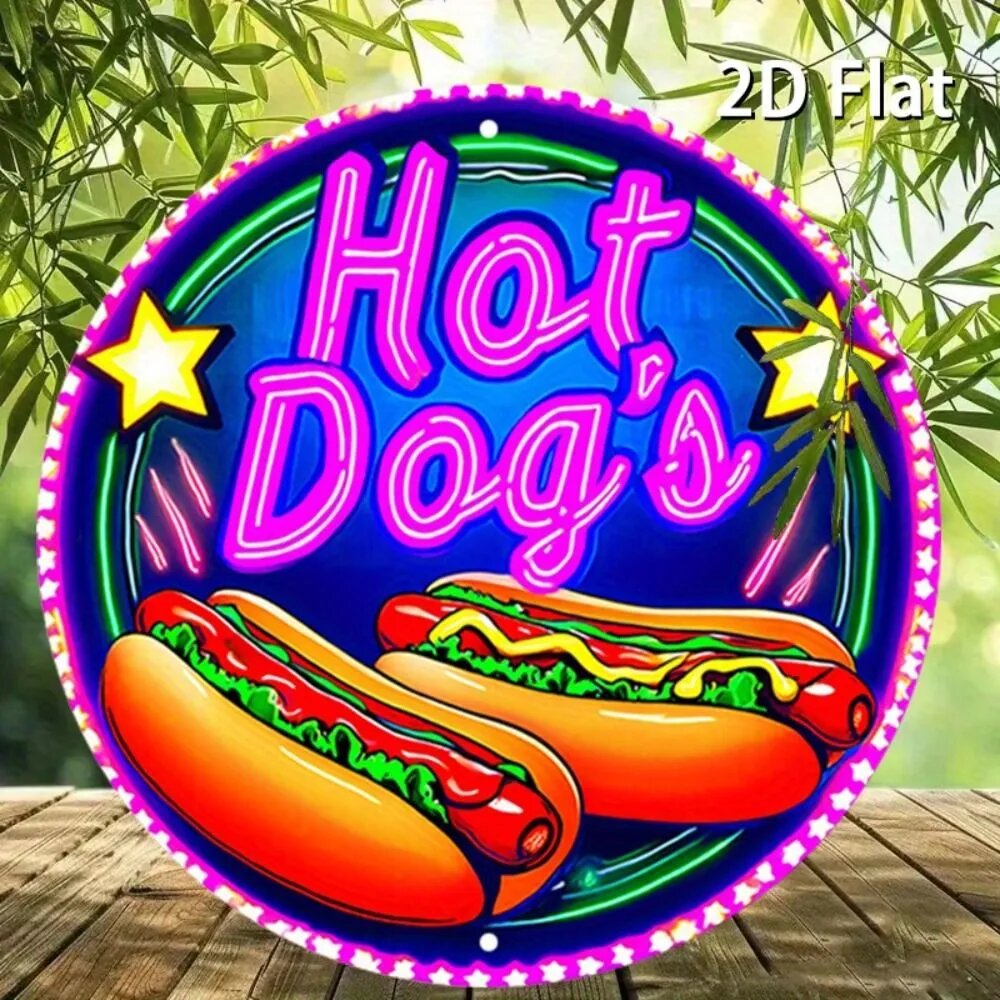 Круглый металлический постер на стену , неоновый узор двух хот-догов Hot Dogs, для декора стен фастфуда, 20x20cm