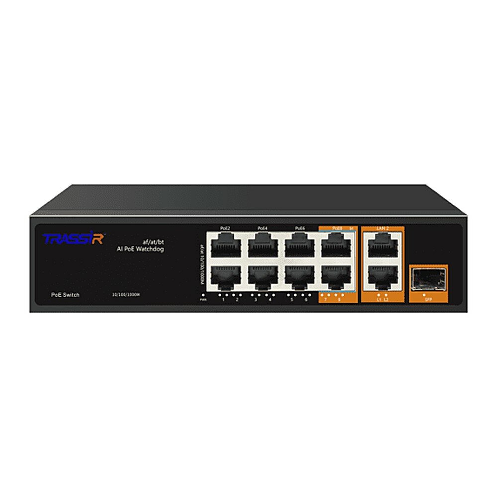 Коммутатор TRASSIR TR-NS13111S-120-8PoE — неуправляемый, 6 PoE-портов, бюджет 120 Вт, 2 SFP