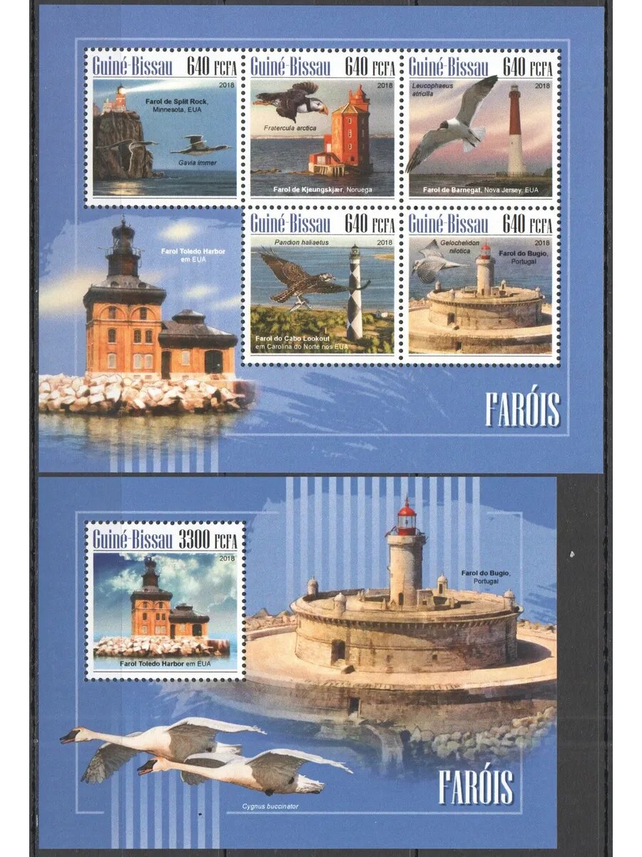 Марки 2018 год Гвинея-Бисау Маяки Водные птицы Фауна #10197-1+Бл1755 MNH