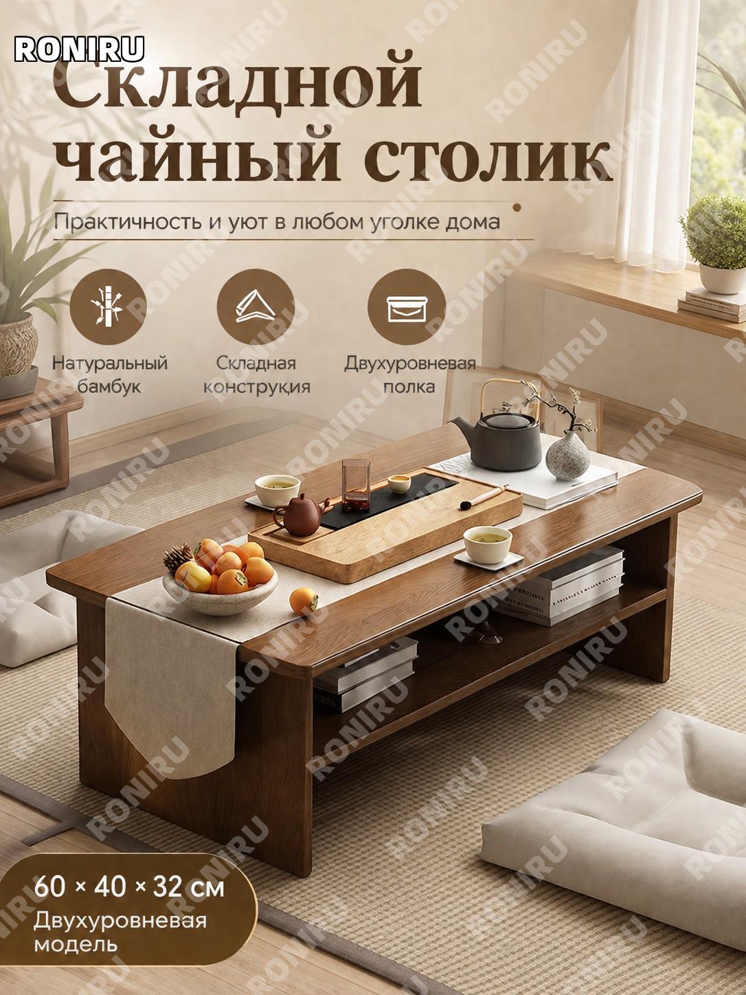 Складной журнальный столик низкий двухъярусный 60×40×32 см, цвет дуба, бамбуковый стол для дома татами для спальни