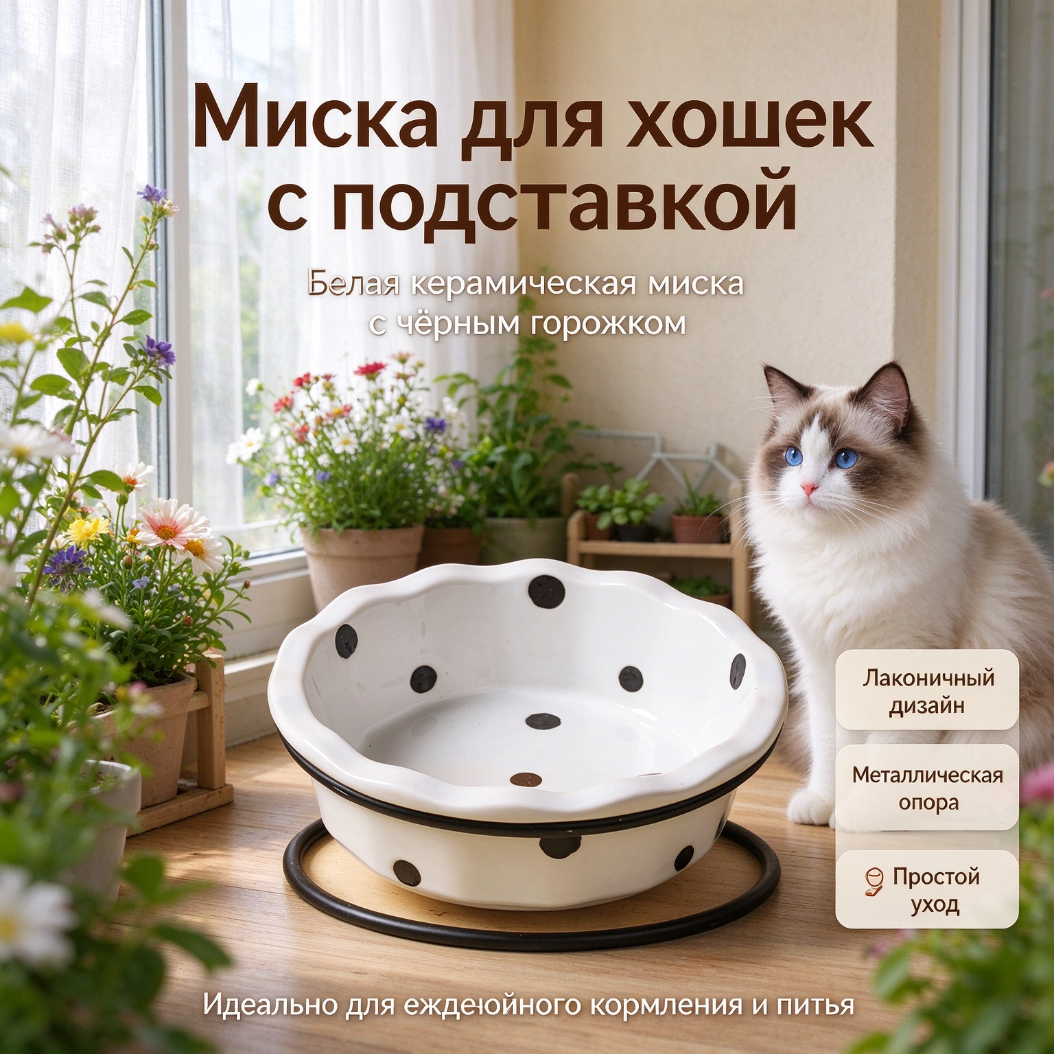Керамическая миска для кошек в горошек с металлической подставкой, противоскользящая миска для еды и воды питомца