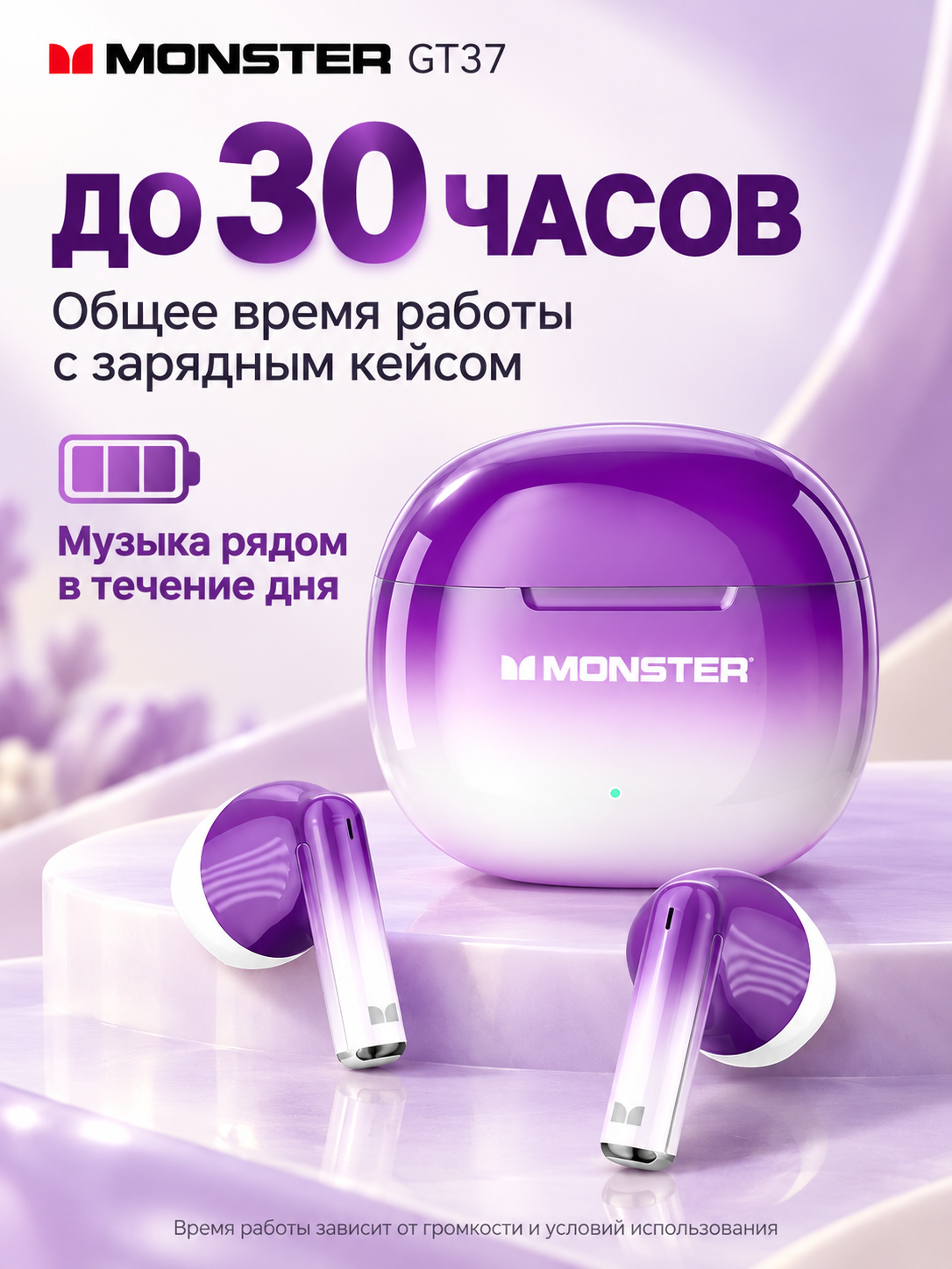 Наушники внутриканальные Bluetooth 6.0 GT37, Цвет фиолетово-белый, Время работы до 8 часов, Зарядка Type-C