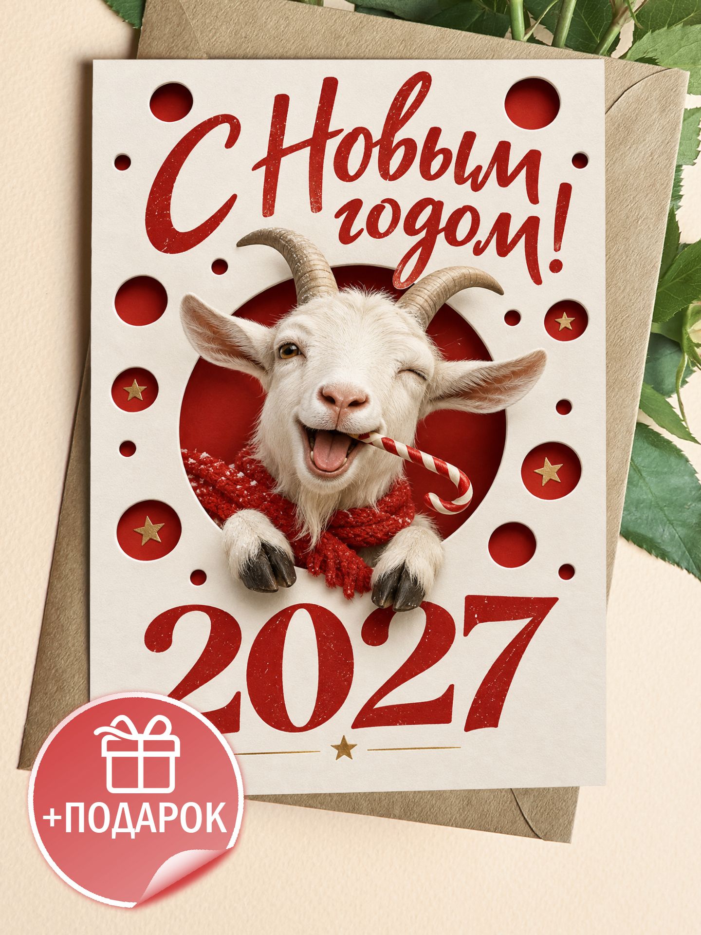 Новогодняя открытка 2027 с козой в подарок коллеге