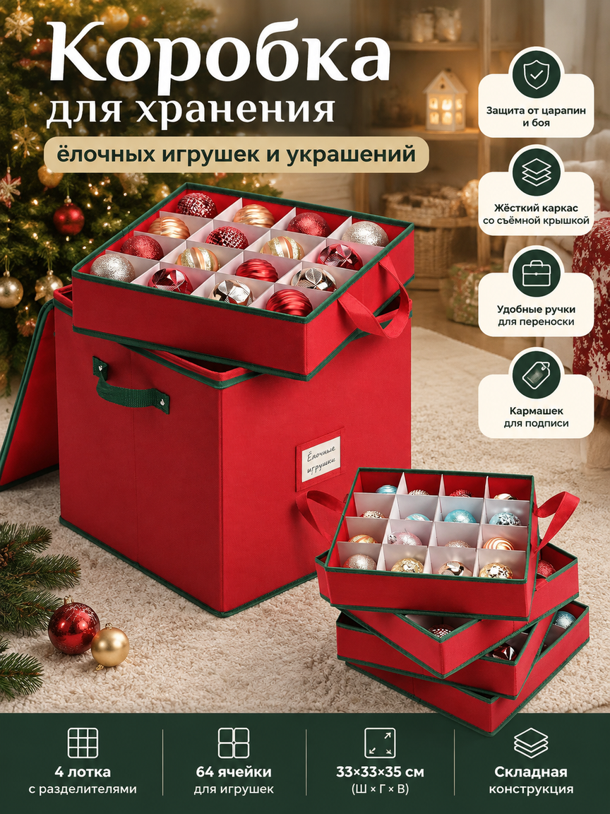 Коробка для хранения ёлочных игрушек и украшений, 4 лотка, 64 ячейки, с ручками, 33×33×35 см
