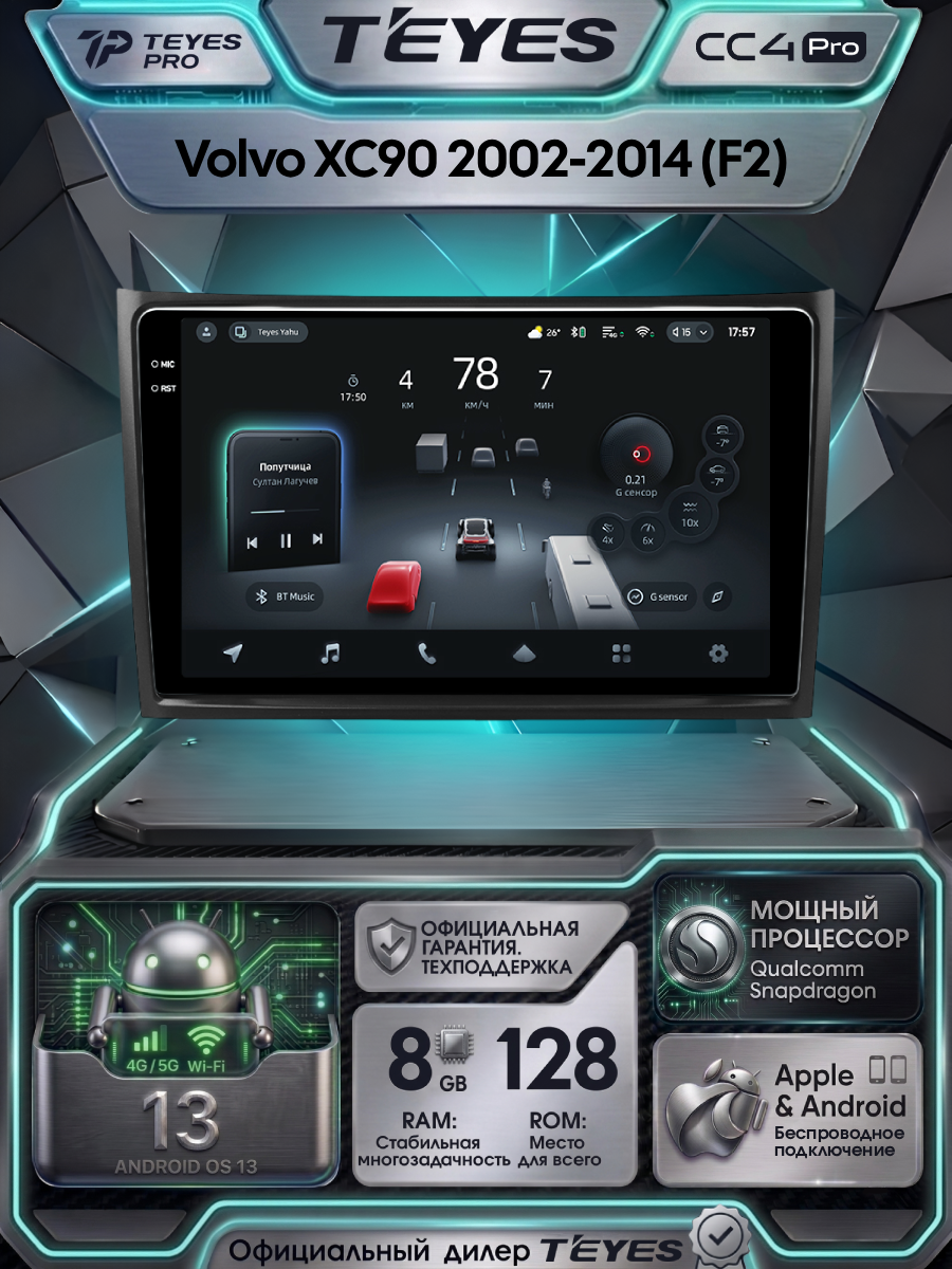 Магнитола Volvo XC90 C 2002-2014 Teyes CC4 Pro 8/128GB Тиайс, штатная магнитола, 8-ми ядерный процессор, QLED экран, 2