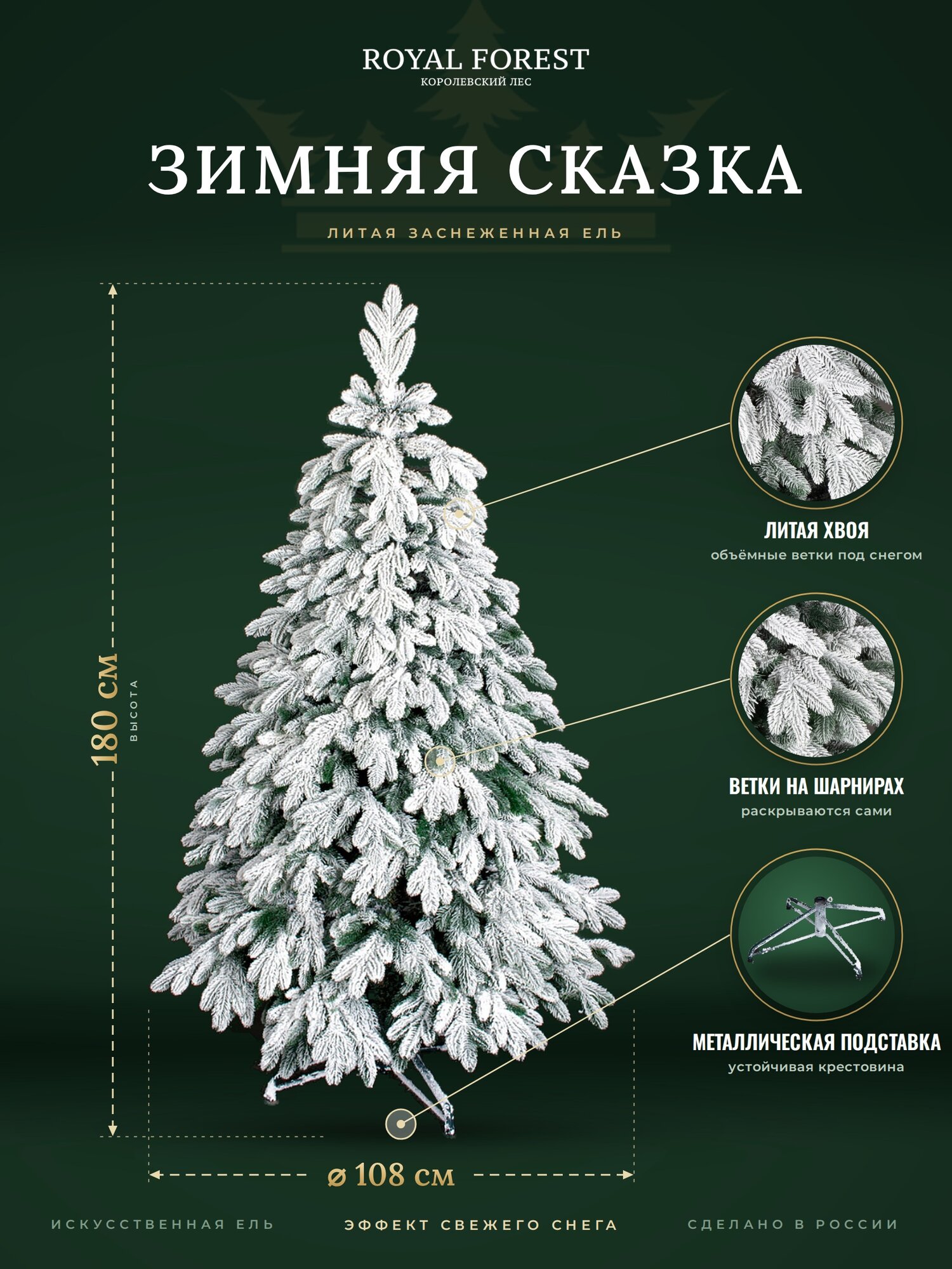 Ель искусственная Royal Forest Зимняя сказка 180 см, литая хвоя, заснеженная