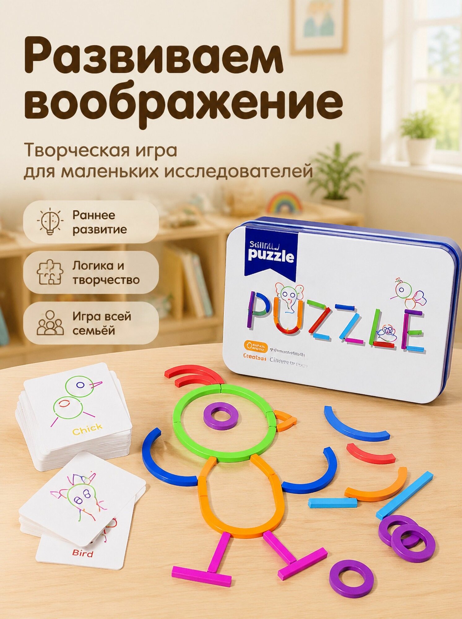 Развивающая игра геометрический пазл, настольная логическая игра для детей 3+, раннее развитие, набор фигур с карточками заданий, подарок ребенку