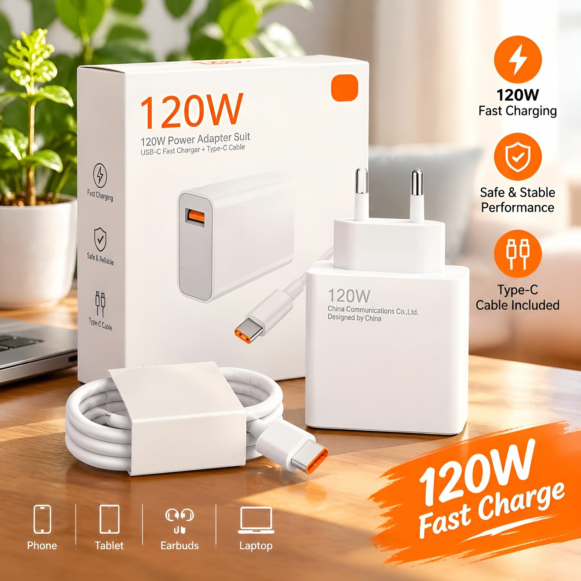 Быстрое зарядное устройство 120W для телефона / Блок питания с USB и Type C с кабелем / Быстрая зарядка Quick Charge / Зaрядка / Адаптер для любых телефонов + кабель USB Type C