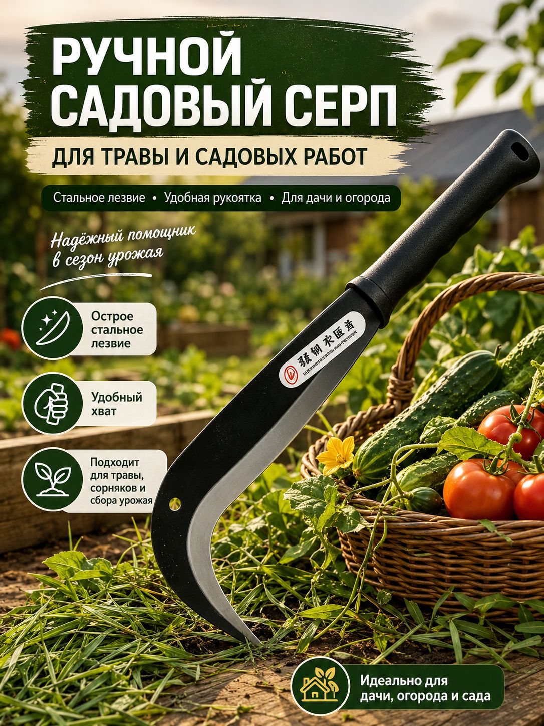 Серп сталь лезвие 25 см 2 мм рукоять 15 см