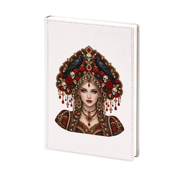 Ежедневник «Русская красавица; кокошник, черепа, вороны, ягоды» (белый)