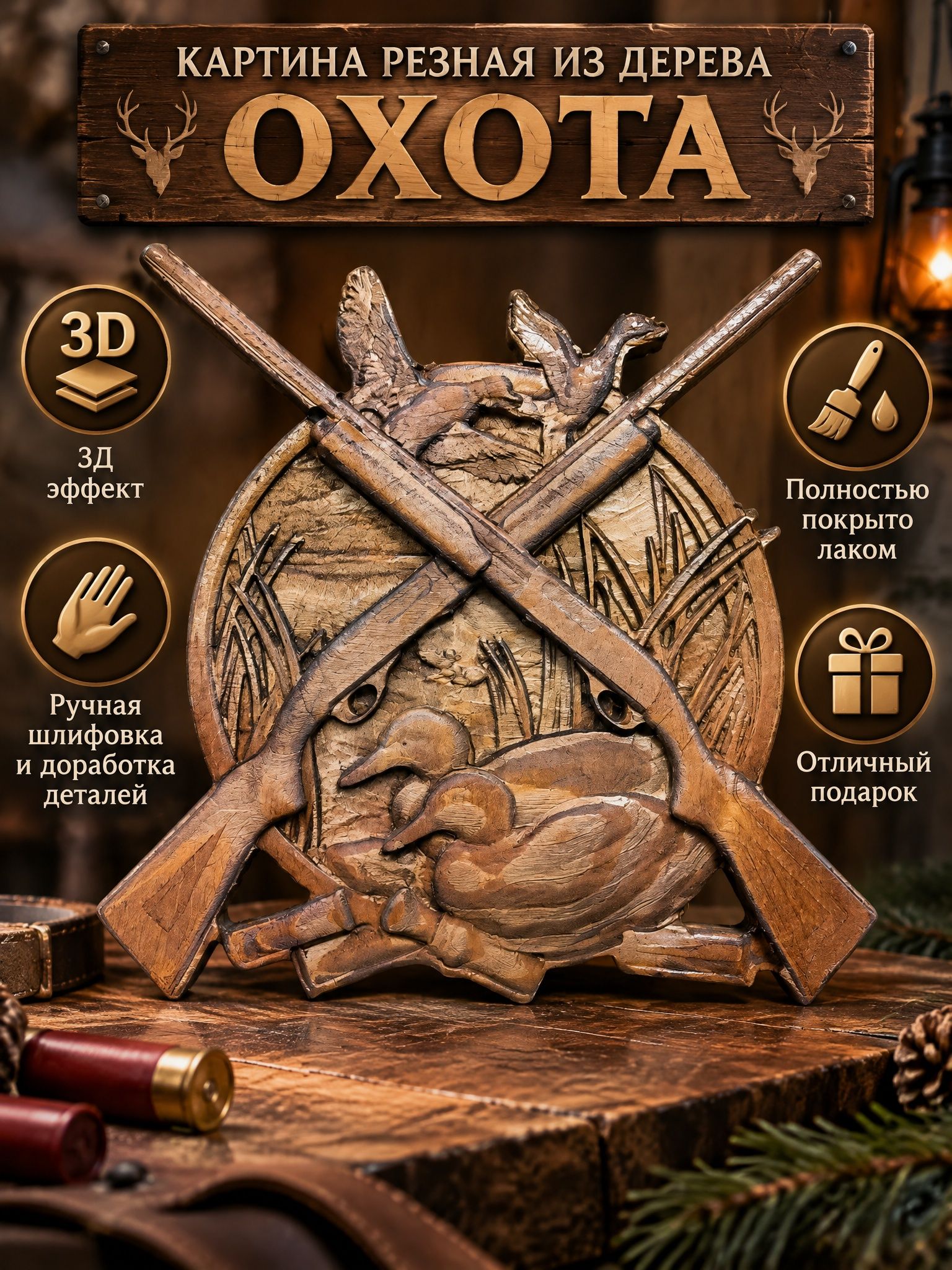 Картина резная из дерева "Охота, пейзаж"