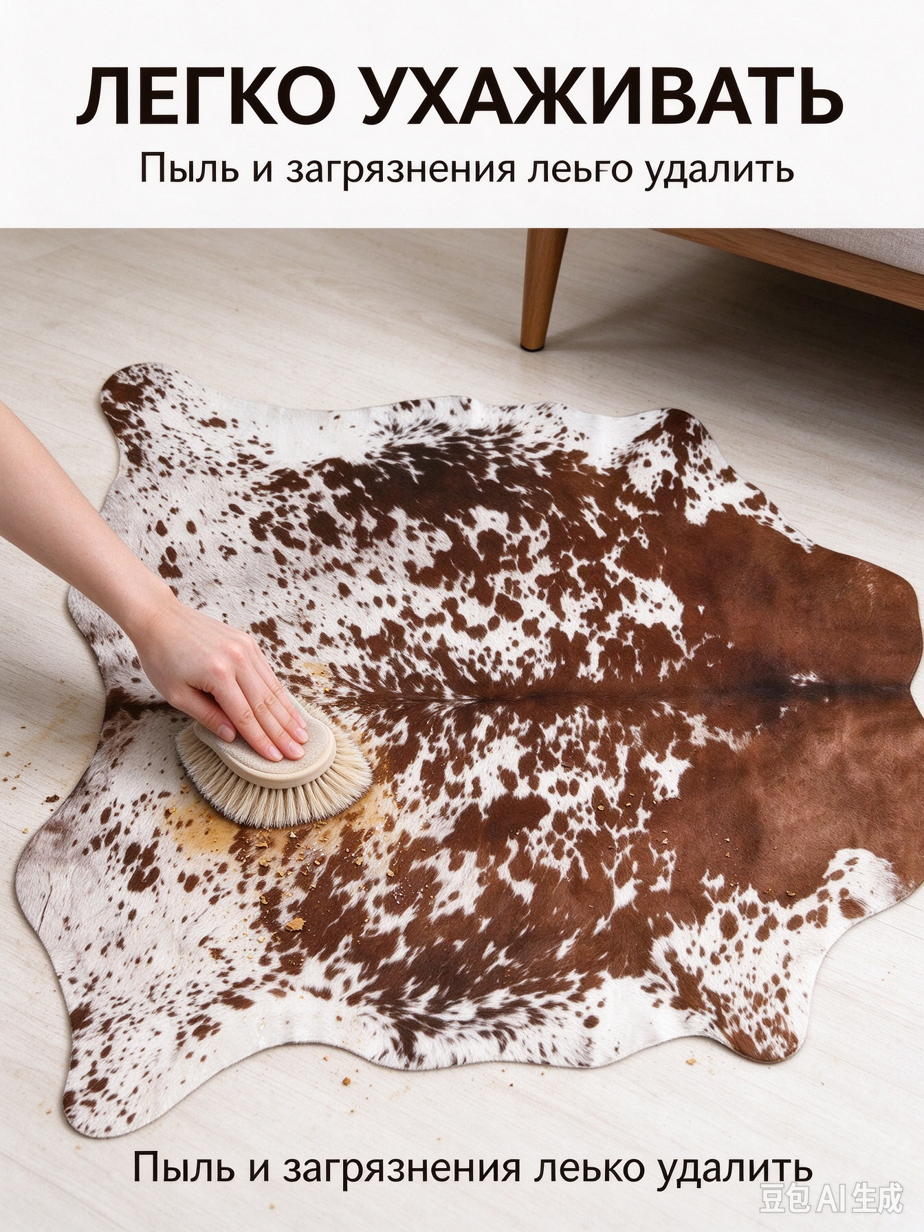 Ковер под шкуру коровы коричнево-белый, искусственная кожа, мягкий, противоскользящий для гостиной 160 x 190 см
