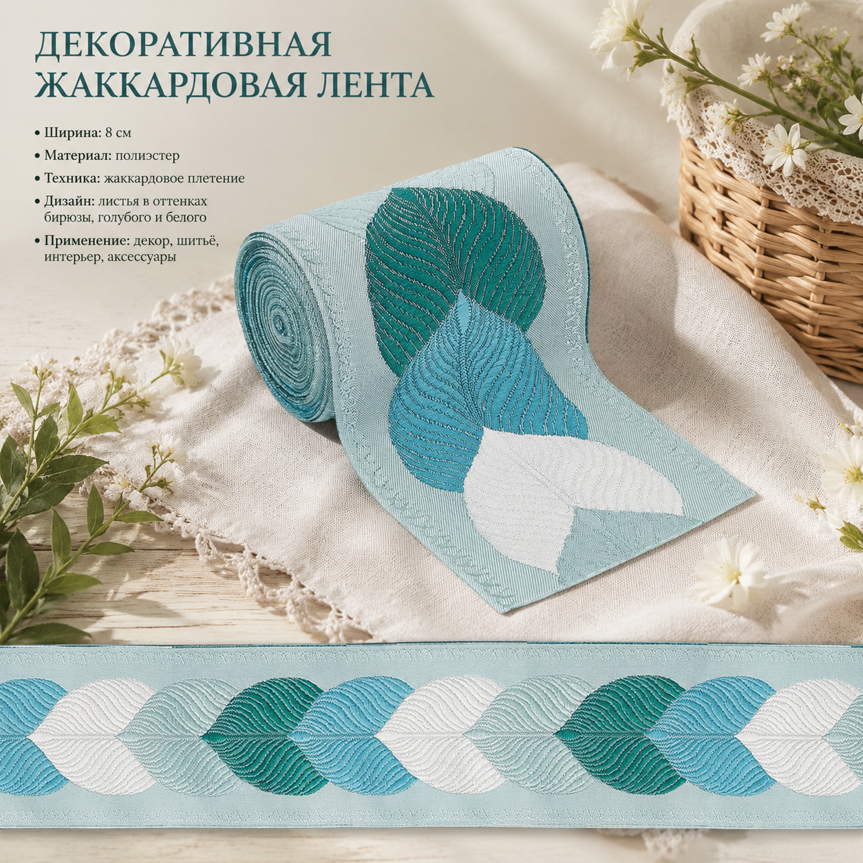 Лента-лист из полиэстера 3M с жаккардовым узором для одежды, бирюзовая