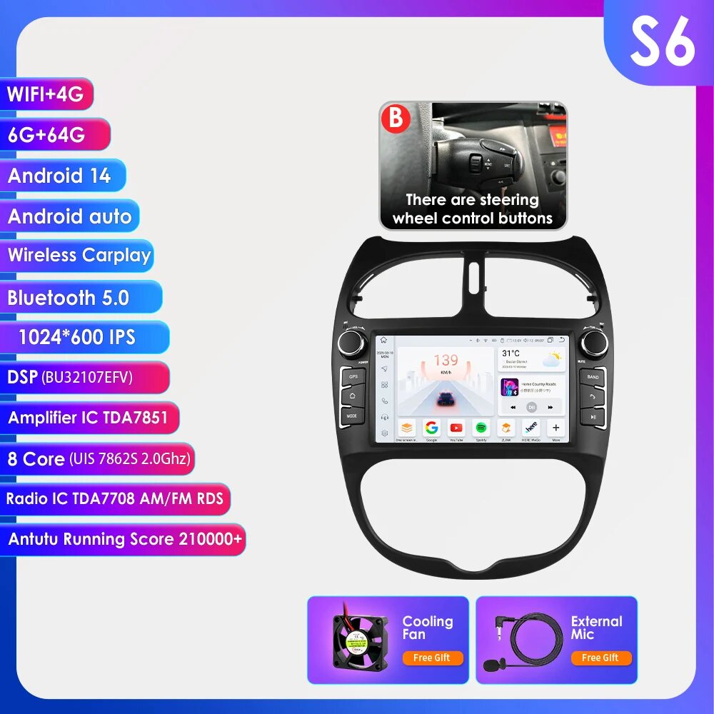 Автомагнитола Hizpo 7862 2din Android 14 для PEUGEOT 206 206CC 206SW 2000-2008, мультимедийный плеер с GPS, CarPlay и навигацией