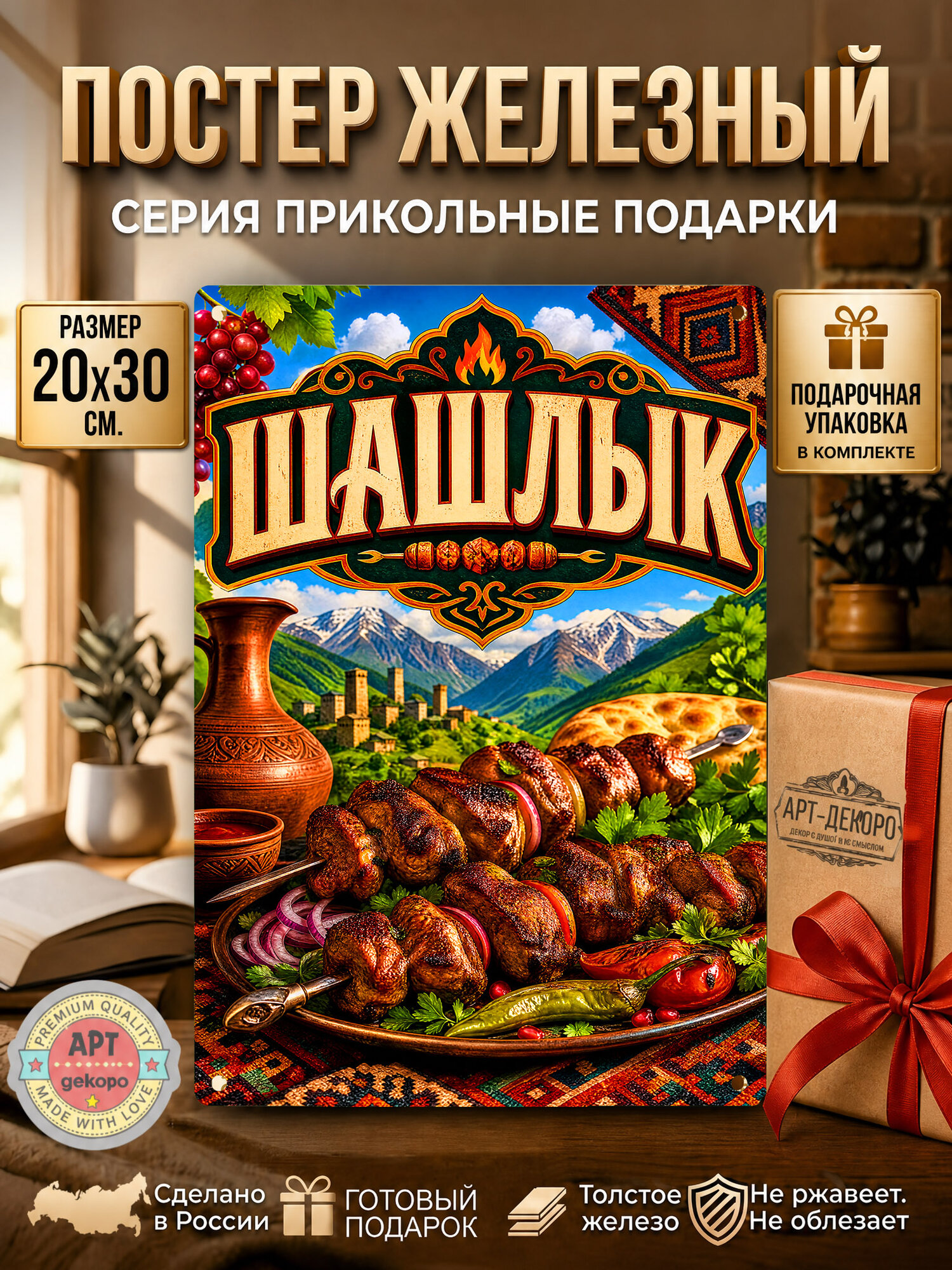Шашлык - постер железный 20*30 см. шнур-подвес в комплекте рекламная вывеска