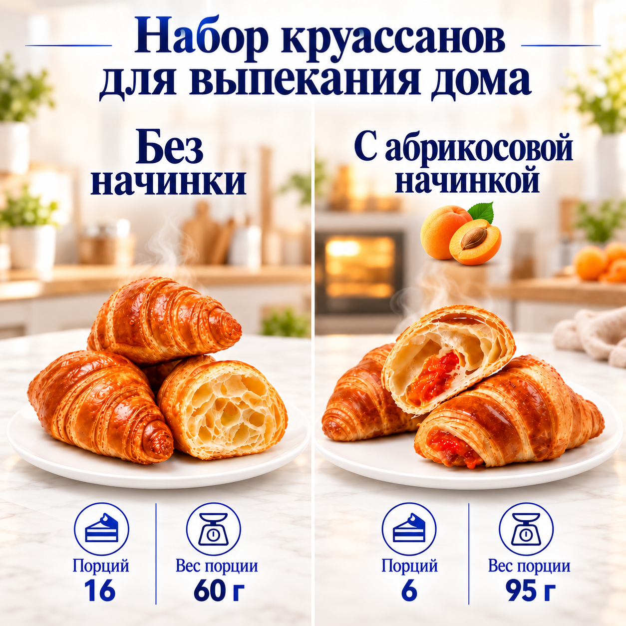 Набор круассанов, 2 вида: с абрикосовой начинкой 570 г, без начинки 960 г, замороженные для выпекания