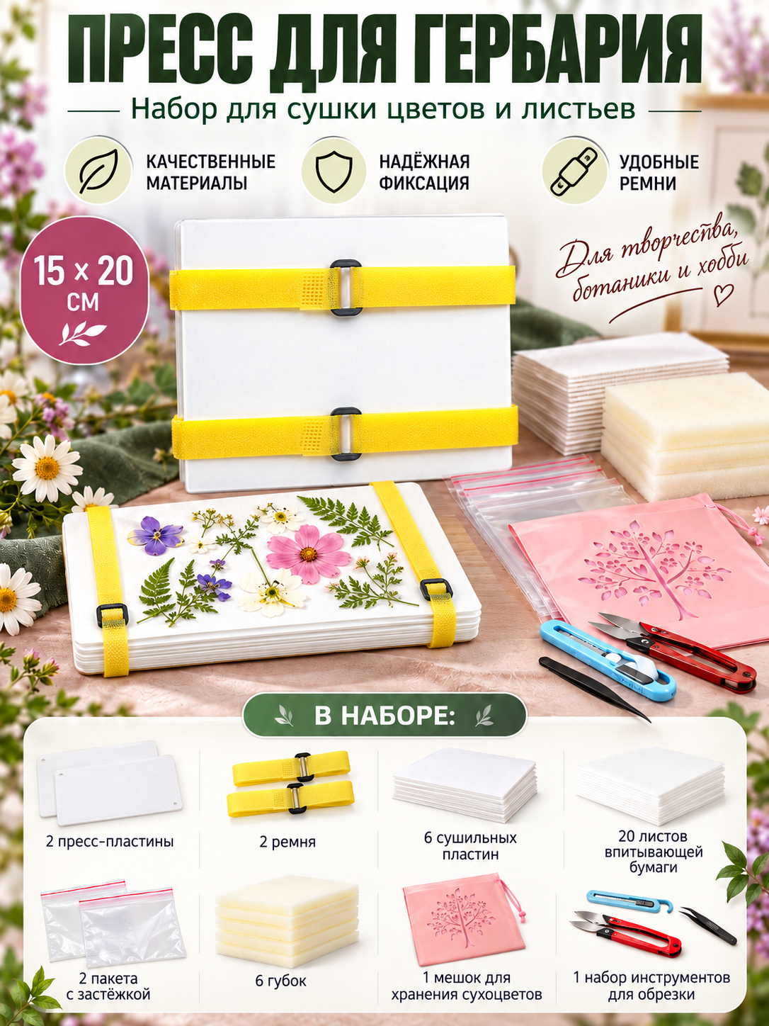 Пресс для гербария с ремнями и комплектом расходных материалов, для засушивания растений и создания гербария своими руками