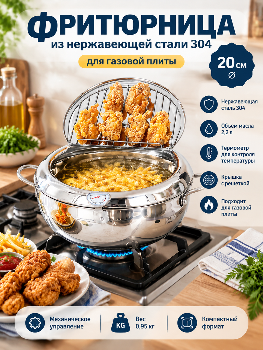 Фритюрница 304 из нержавеющей стали, 20 см, с крышкой и термометром, для газовой плиты, 2,2 л