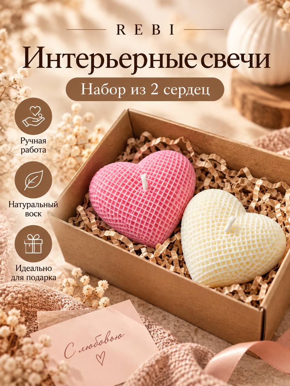 Набор интерьерных свечей REBI Сердце, 2 шт, натуральный воск, ручная работа, подарочный набор