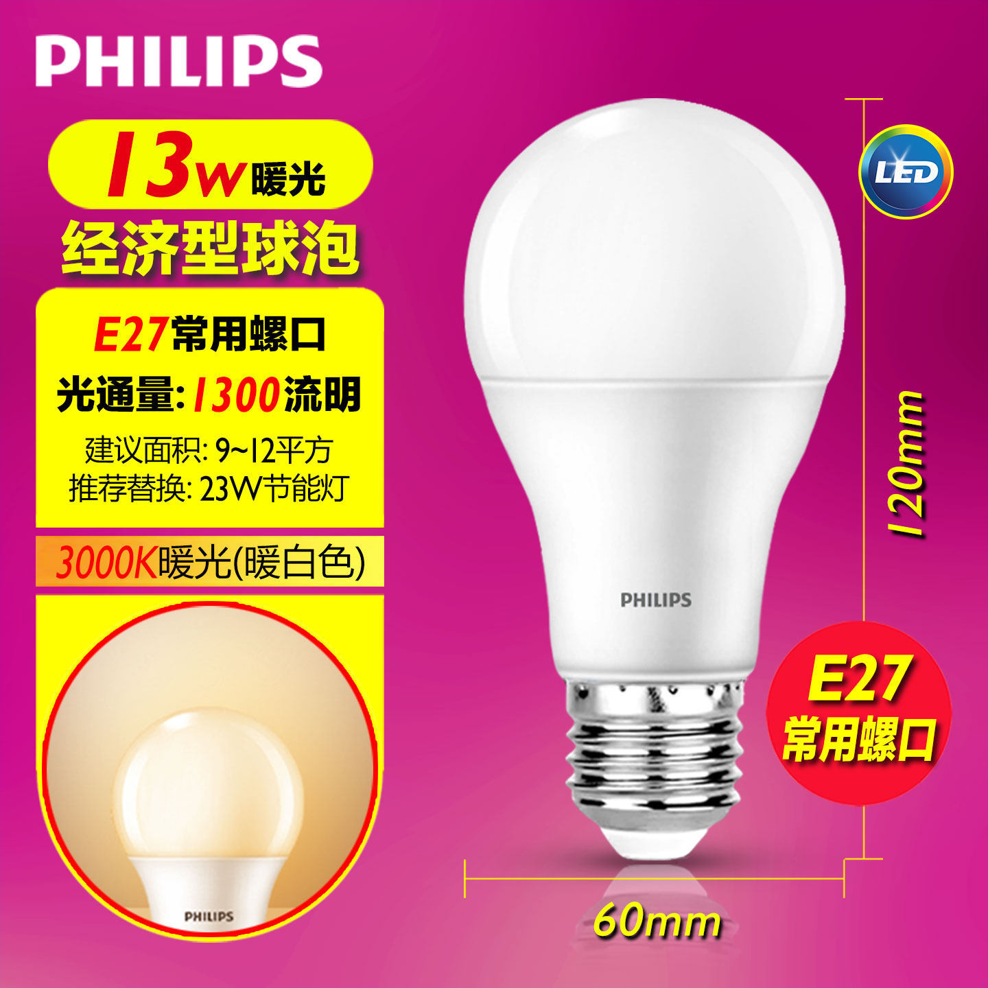 Светодиодная лампа Philips эконом шаровая E27 13Вт тёплый свет 3000K энергосберегающая