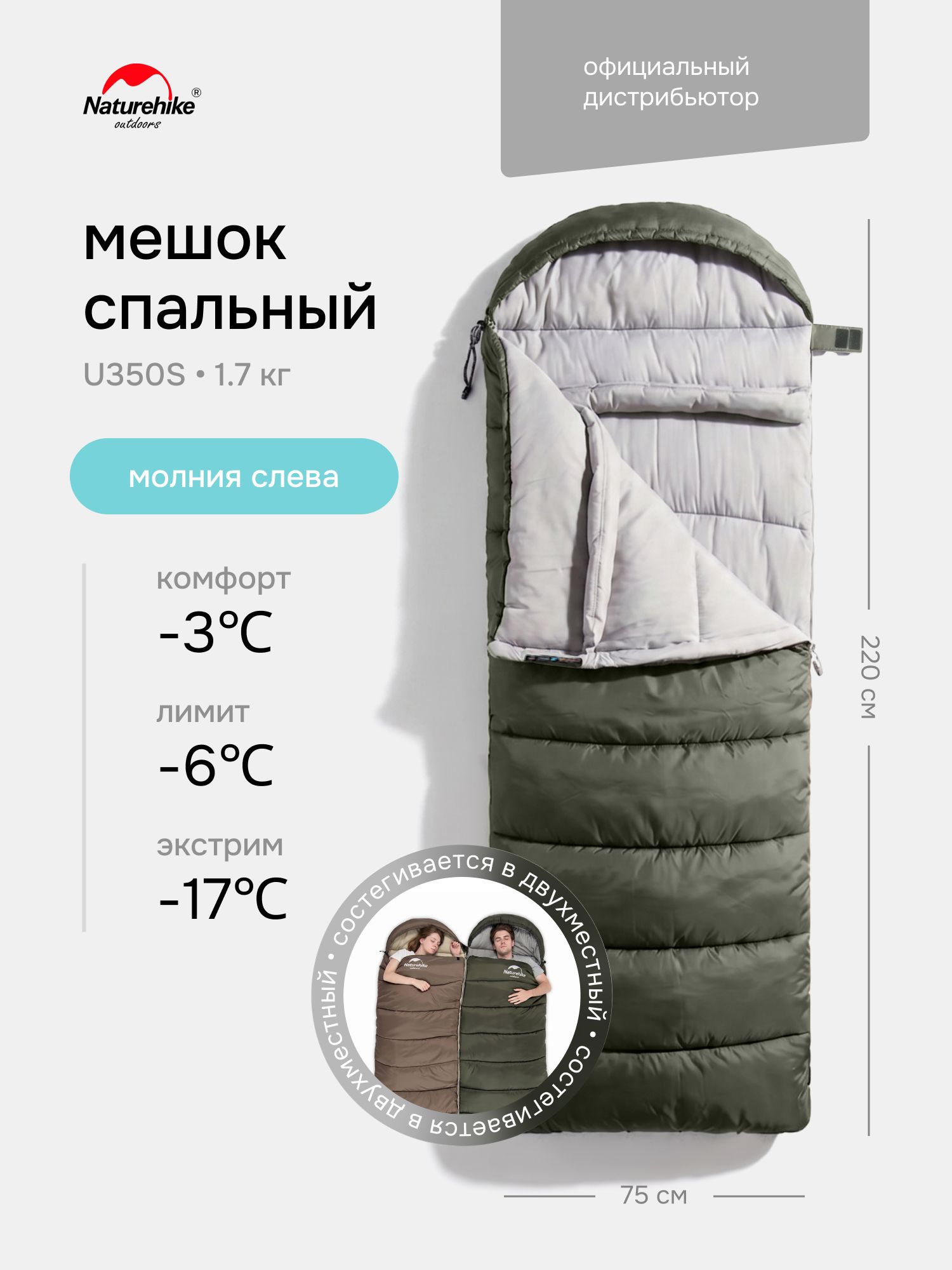 Спальный мешок Naturehike U350S, 220х75 см, зеленый, молния слева