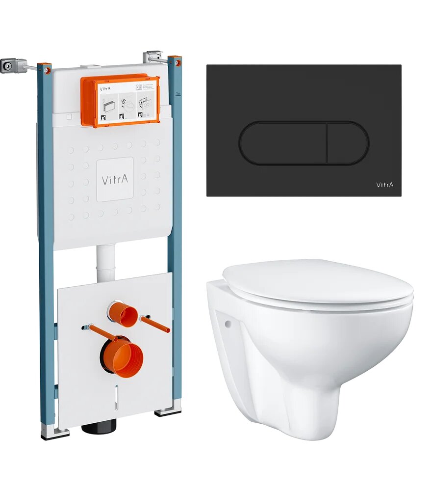 Комплект 3 в 1 Унитаз подвесной Grohe Bau Ceramic 39351000 / Инсталляция VitrA Ви-Фикс Кор (V-Fix Core) 732-5800-01PV / Кнопка Рут Раунд (Root Round) 740-2211 цвет матовый черный