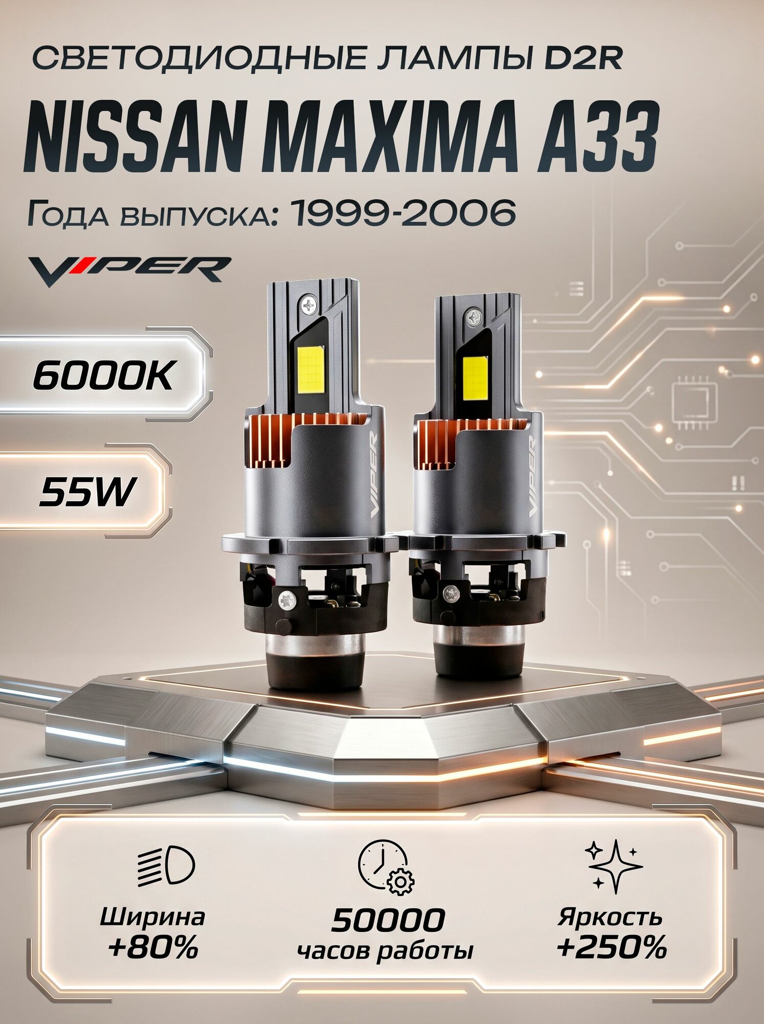 Светодиодные лампы Viper D2R LED на Nissan Maxima A33 1999-2006 / замена штатных ксеноновых ламп Д2Р для Ниссан Максима а33
