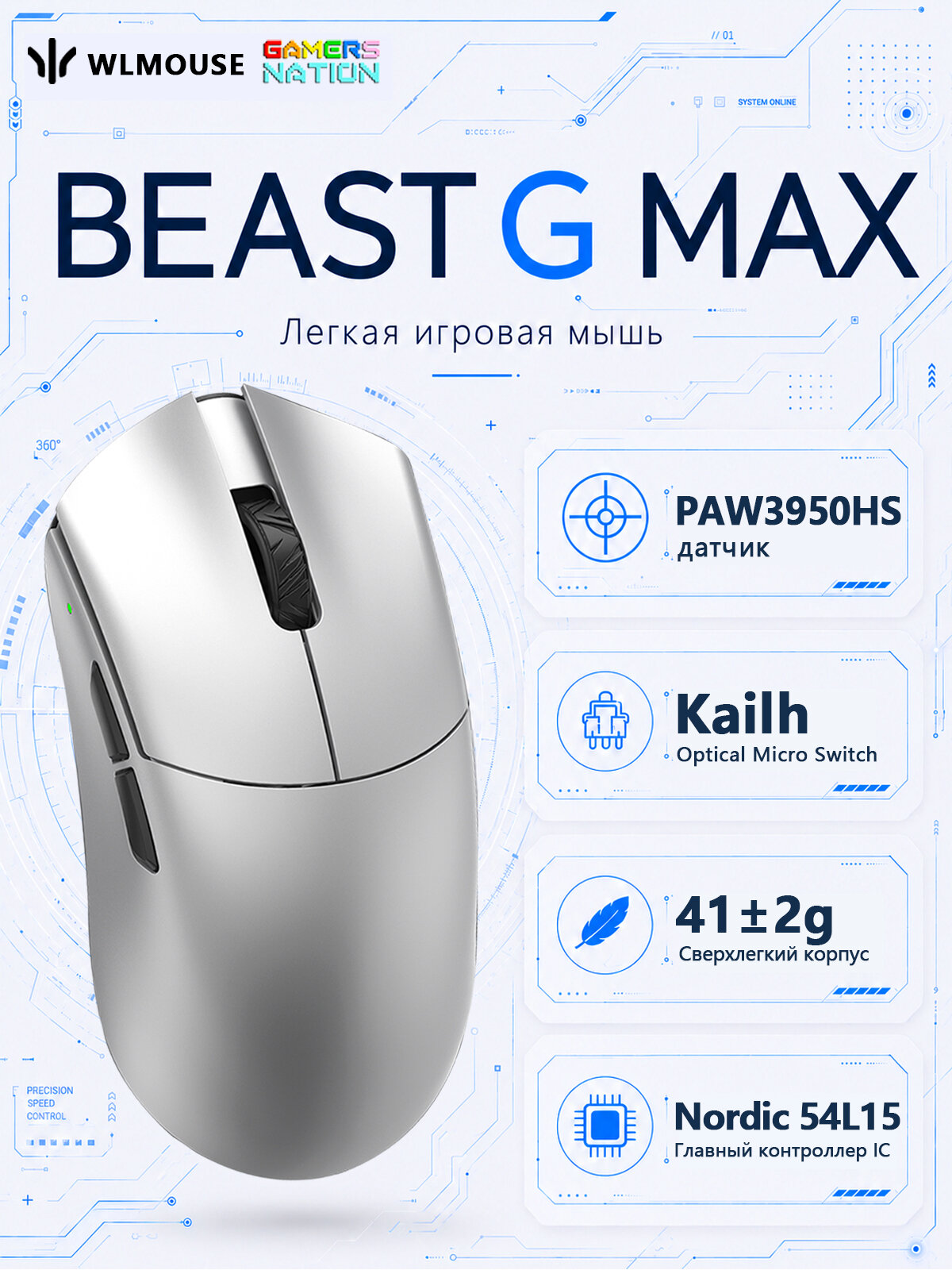 Wlmouse Игровая мышь беспроводная BEAST G Nordic54L15 PAW3950HS, серебристый, прозрачный