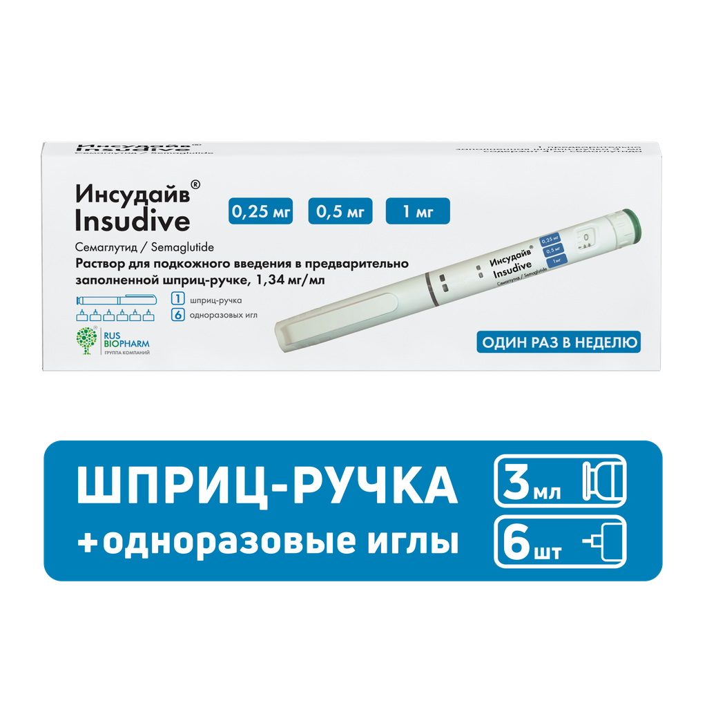Инсудайв раствор для подкожного введ 0,25/0,5/1 мг/доза 3 мл шприц-ручка 1 шт+иглы 6 шт 1 уп