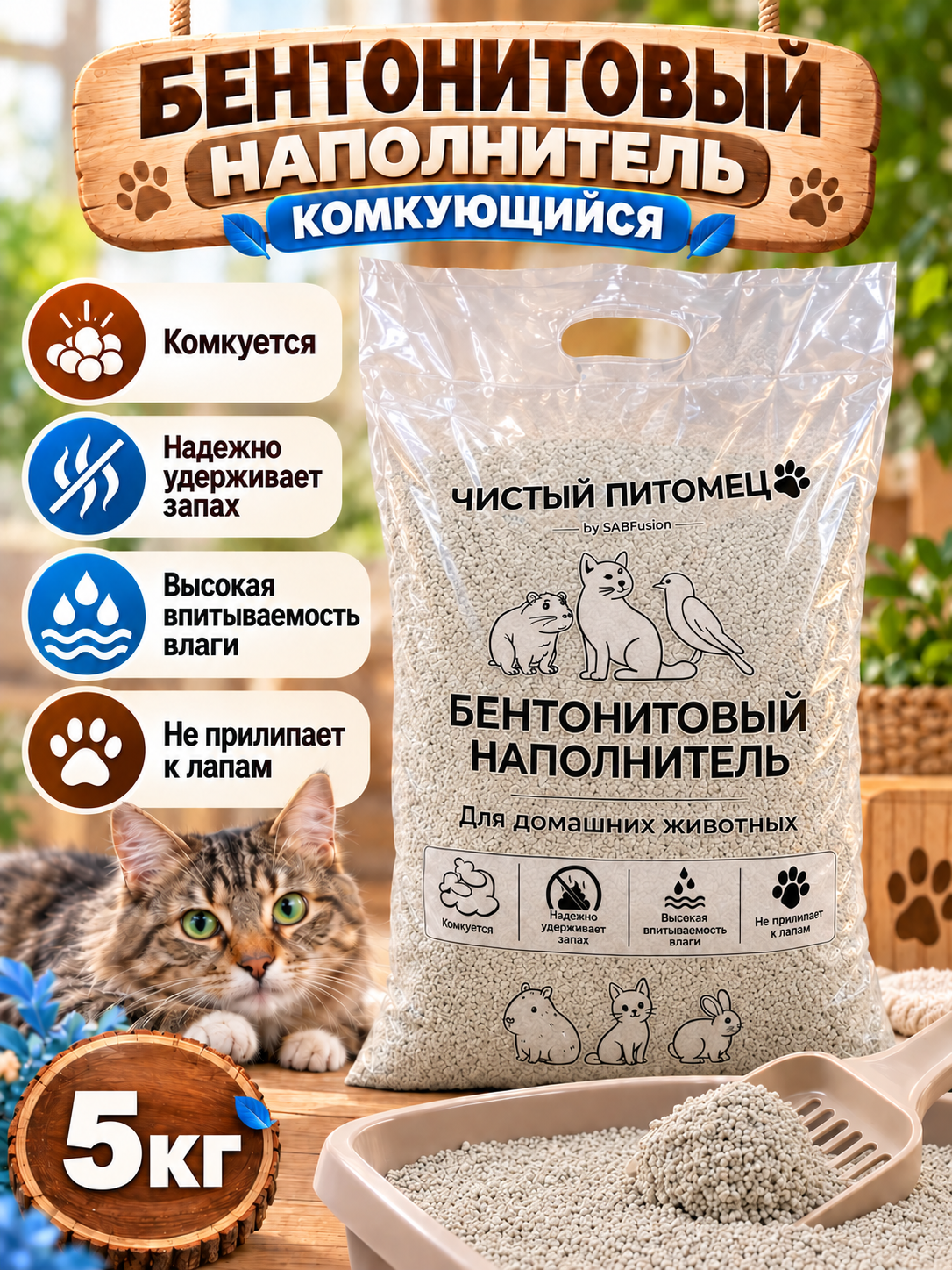 Бентонитовый наполнитель для кошачьего туалета "Чистый питомец", 5 кг