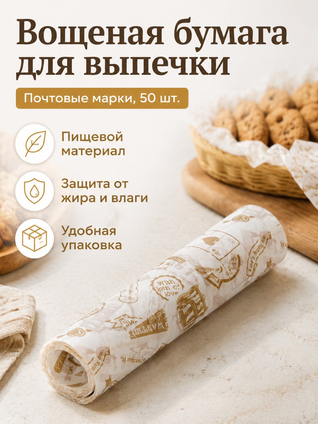 Упаковочная бумага для подарков и выпечки с почтовыми марками, 50 листов в цветной коробке, размер 215x250 мм