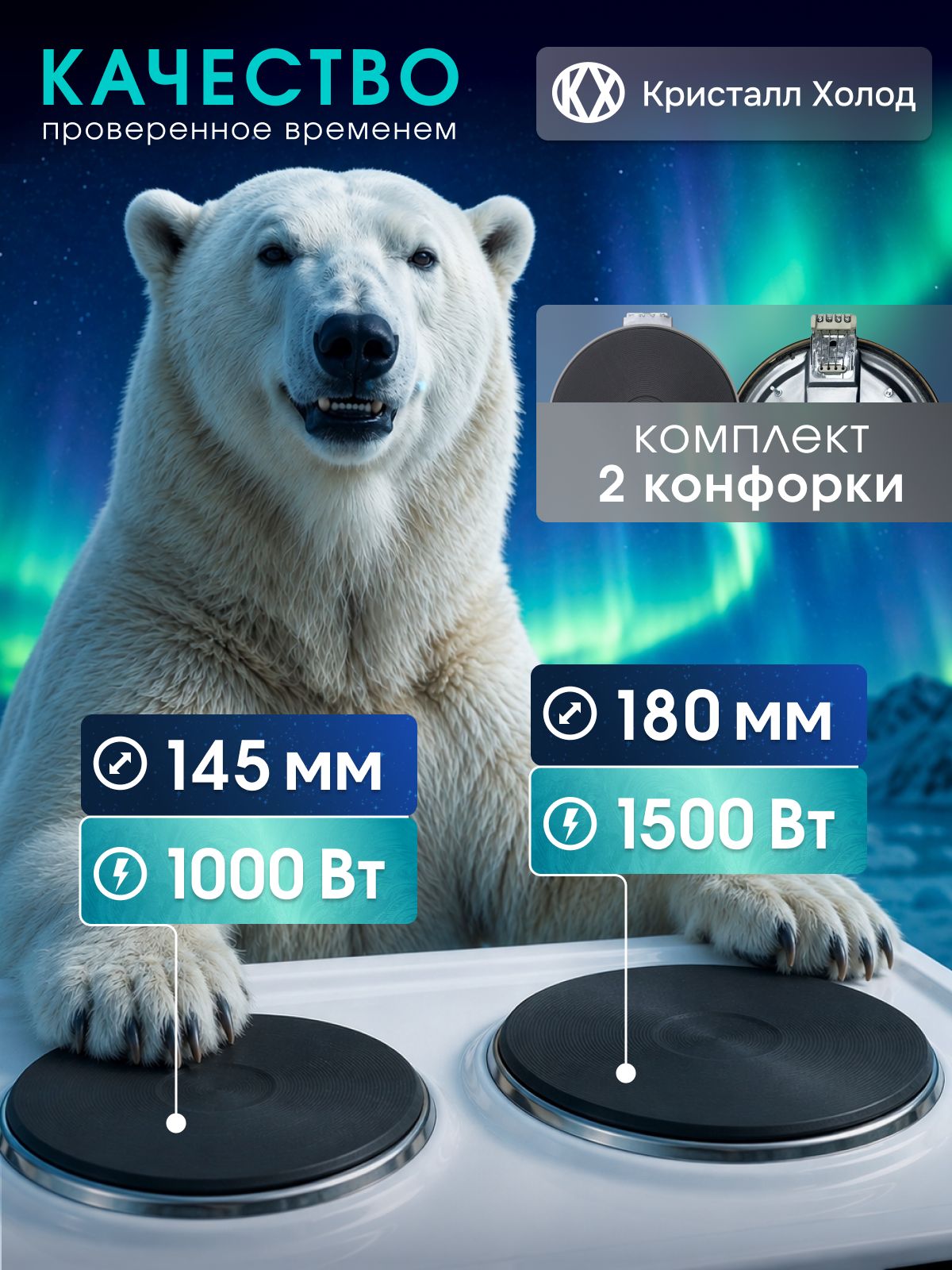 Набор конфорок для электроплиты ЭКЧ 145 мм + 180 мм, чугунные электрические блины 1000Вт и 1500Вт (COK001UN + COK002UN), комплект 2 шт.