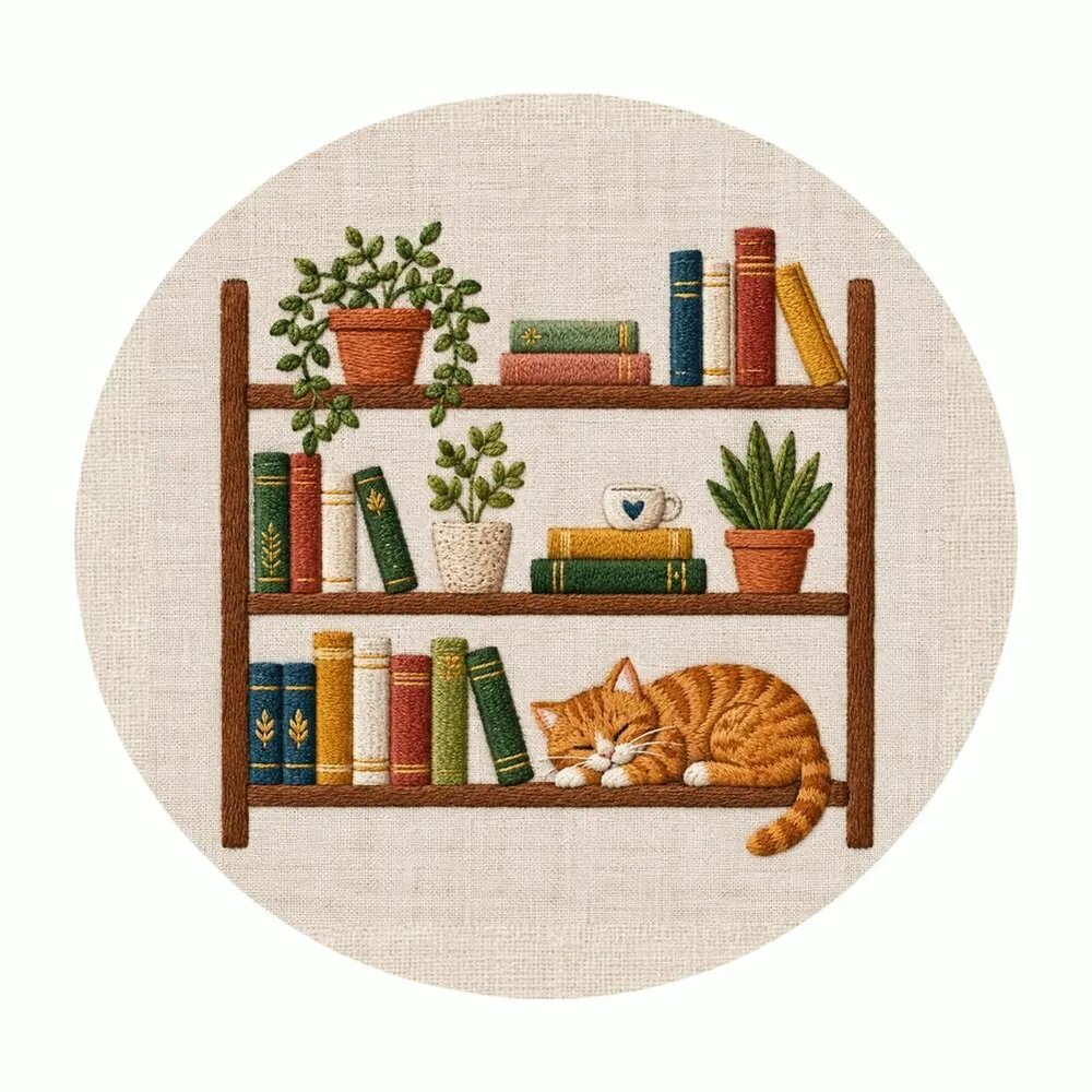Панно с вышивкой из ткани, с книжной полкой, круглое, 15х15 см